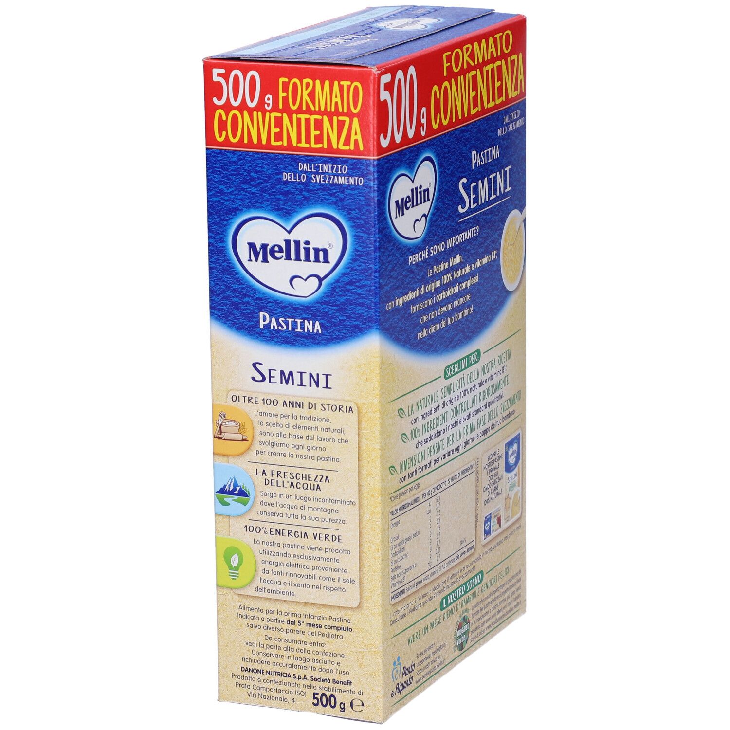 Confezione "Mellin Pastina Semini". Vista laterale con testo: storia, ingredienti, energia.