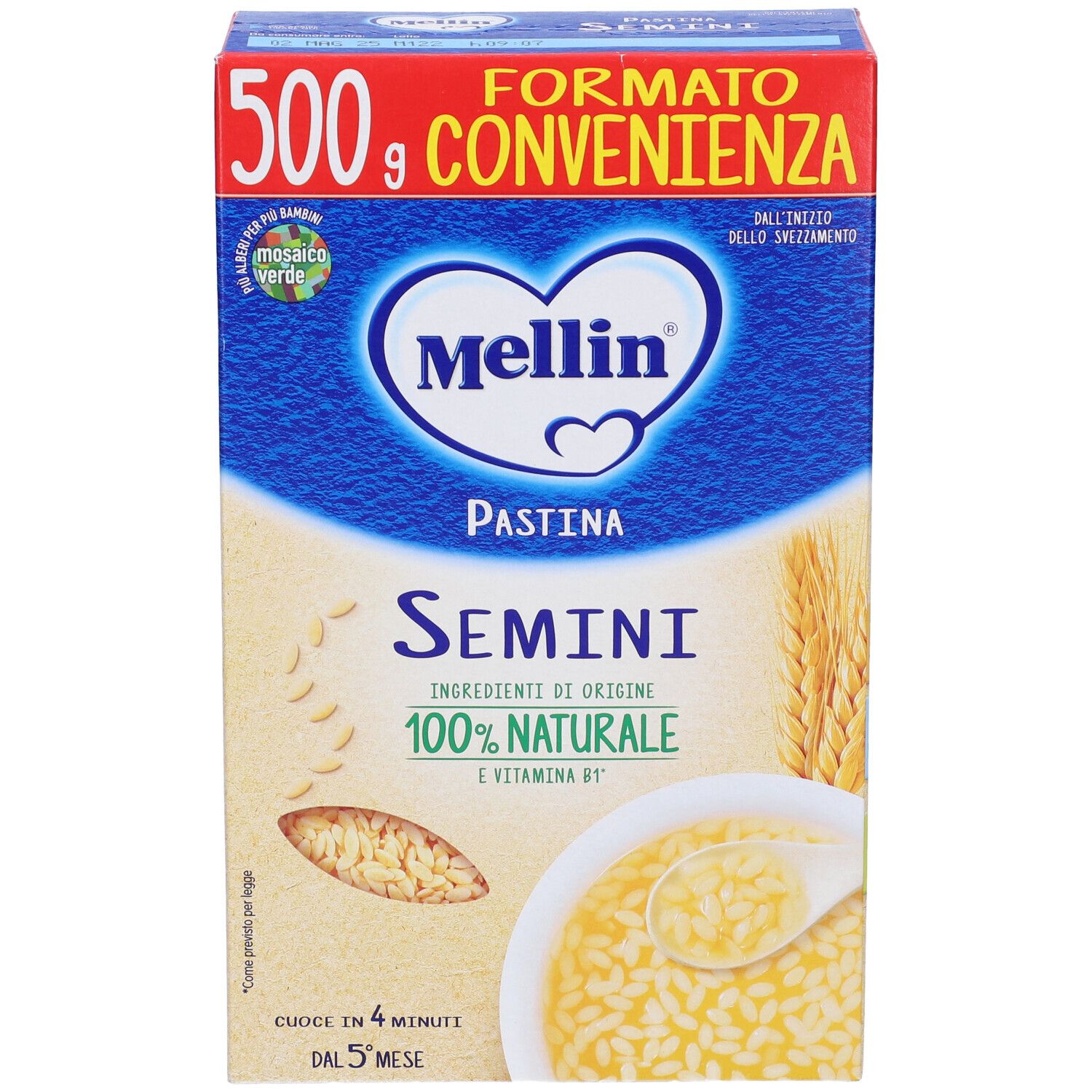 Scatola blu e gialla "Mellin Pastina Semini". 500g, 100% naturale. Immagine di cereali e piatto.