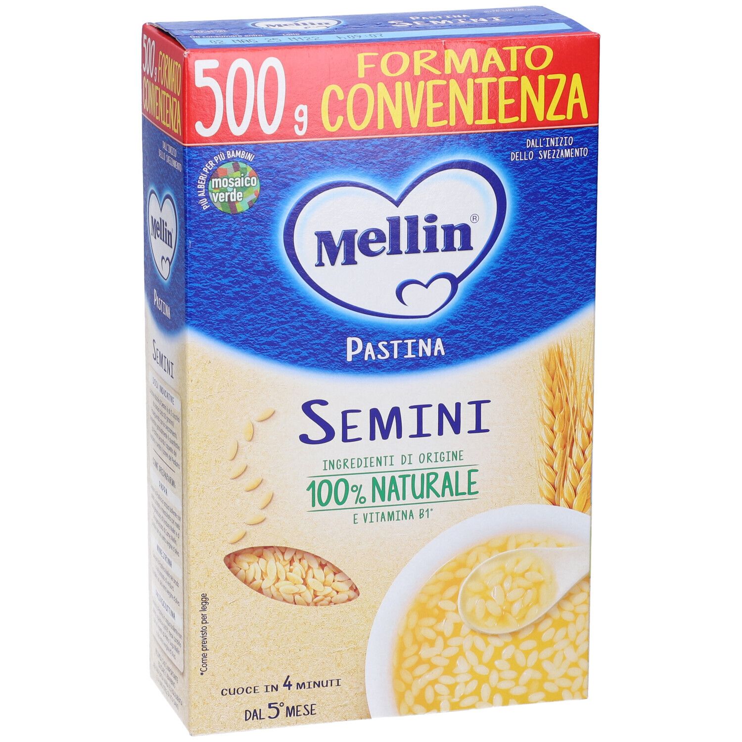 Confezione "Mellin Pastina Semini". Imballaggio blu e giallo. 500g, 100% naturale. Immagine di piatto.