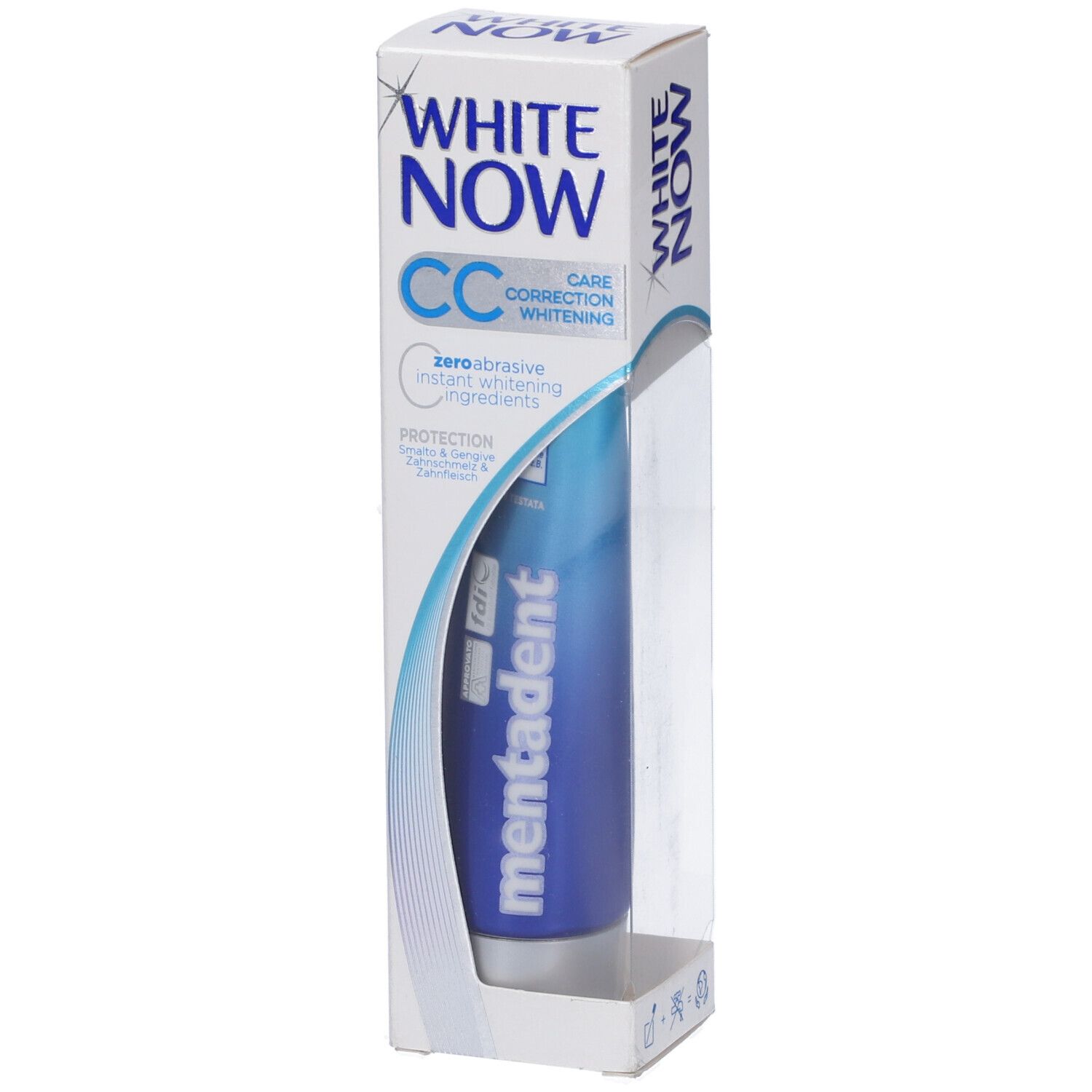 Dentifricio in confezione. Tubo blu con scritte bianche. Marca: Mentadent White Now CC.