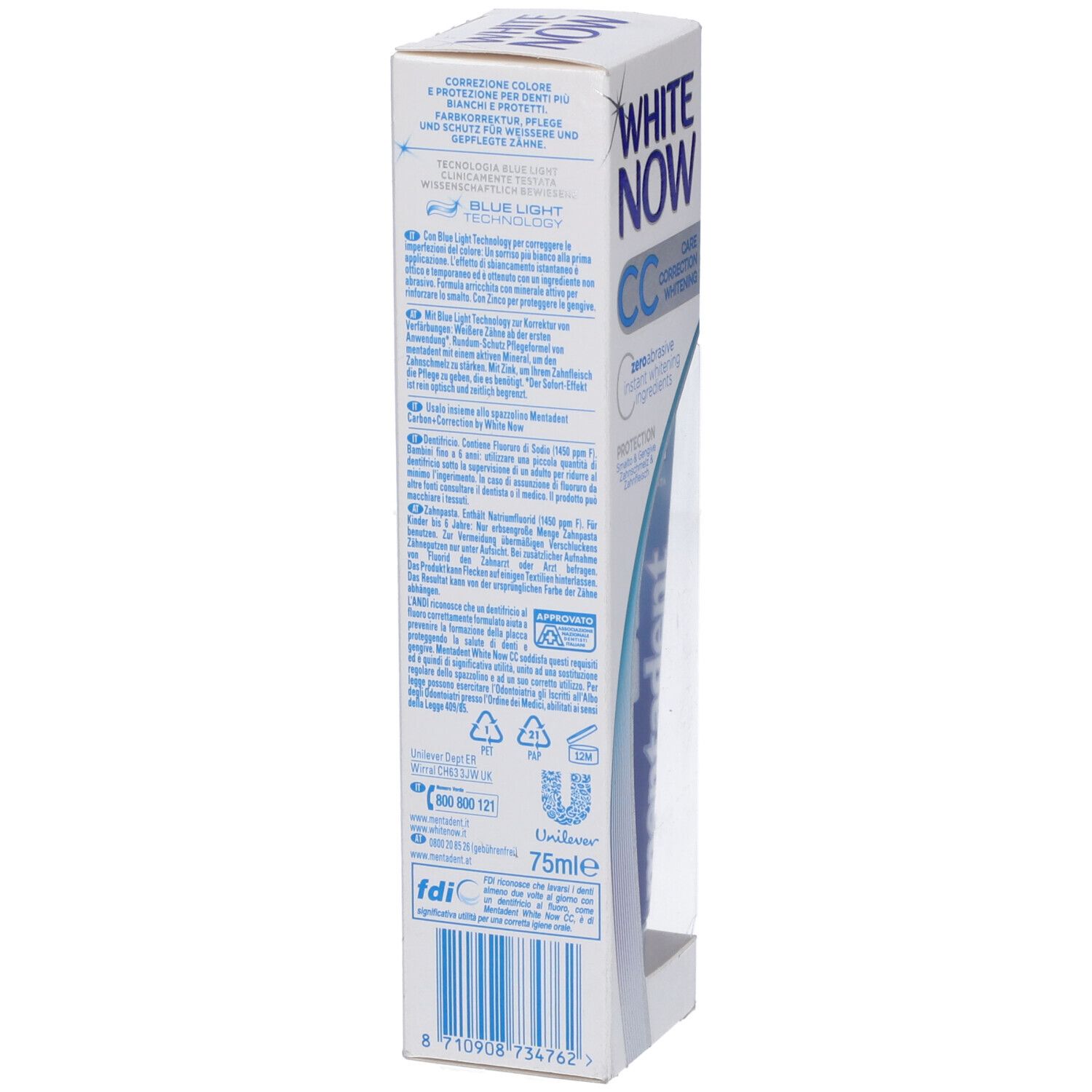 Retro della confezione del dentifricio Mentadent White Now CC. Testo e loghi.