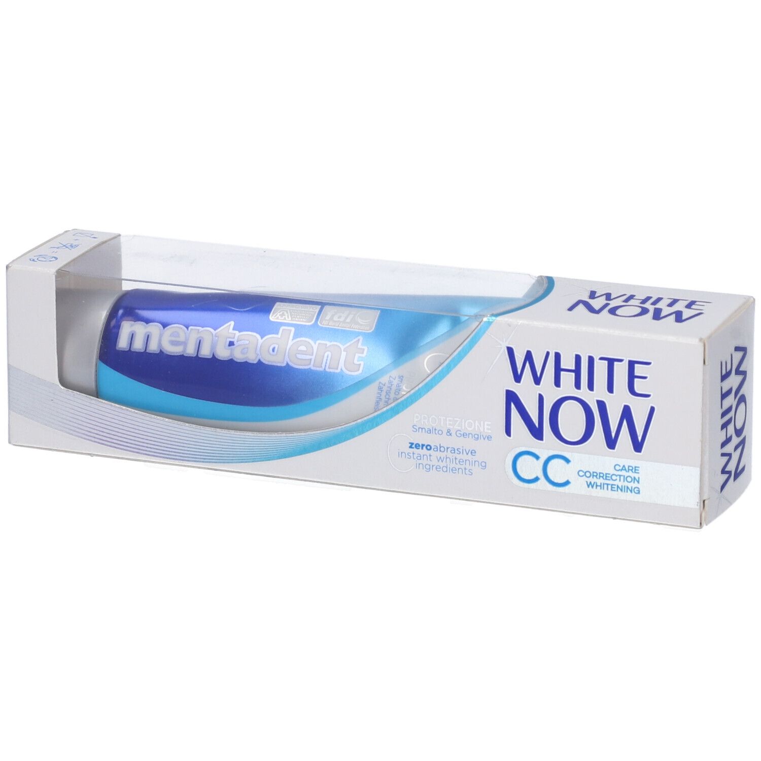 Dentifricio in confezione. Tubo blu con scritte bianche. Marca: Mentadent White Now CC.