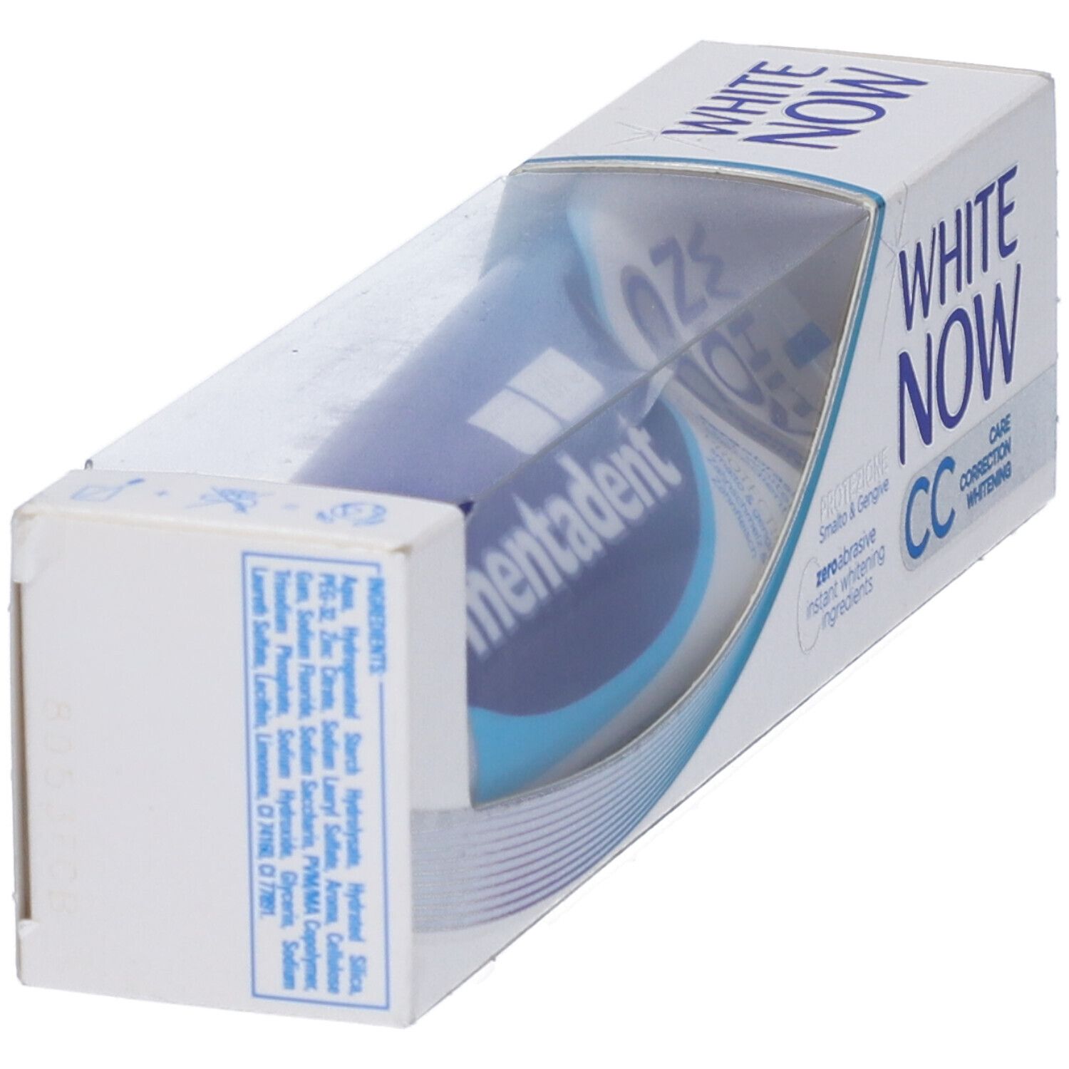 Dentifricio in confezione. Tubo blu con scritte bianche. Marca: Mentadent White Now CC.