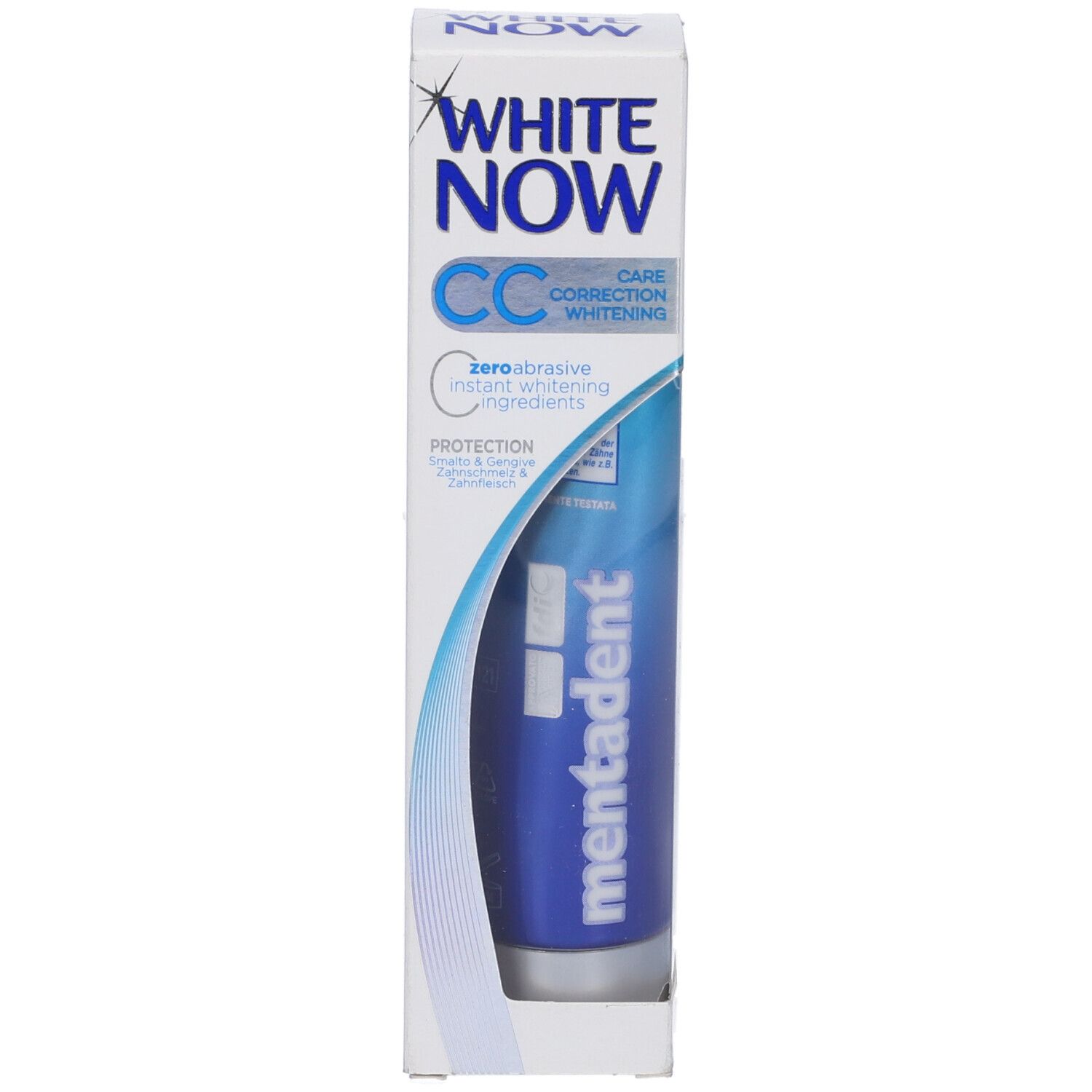 Dentifricio in confezione. Tubo blu con scritte bianche. Marca: Mentadent White Now CC.