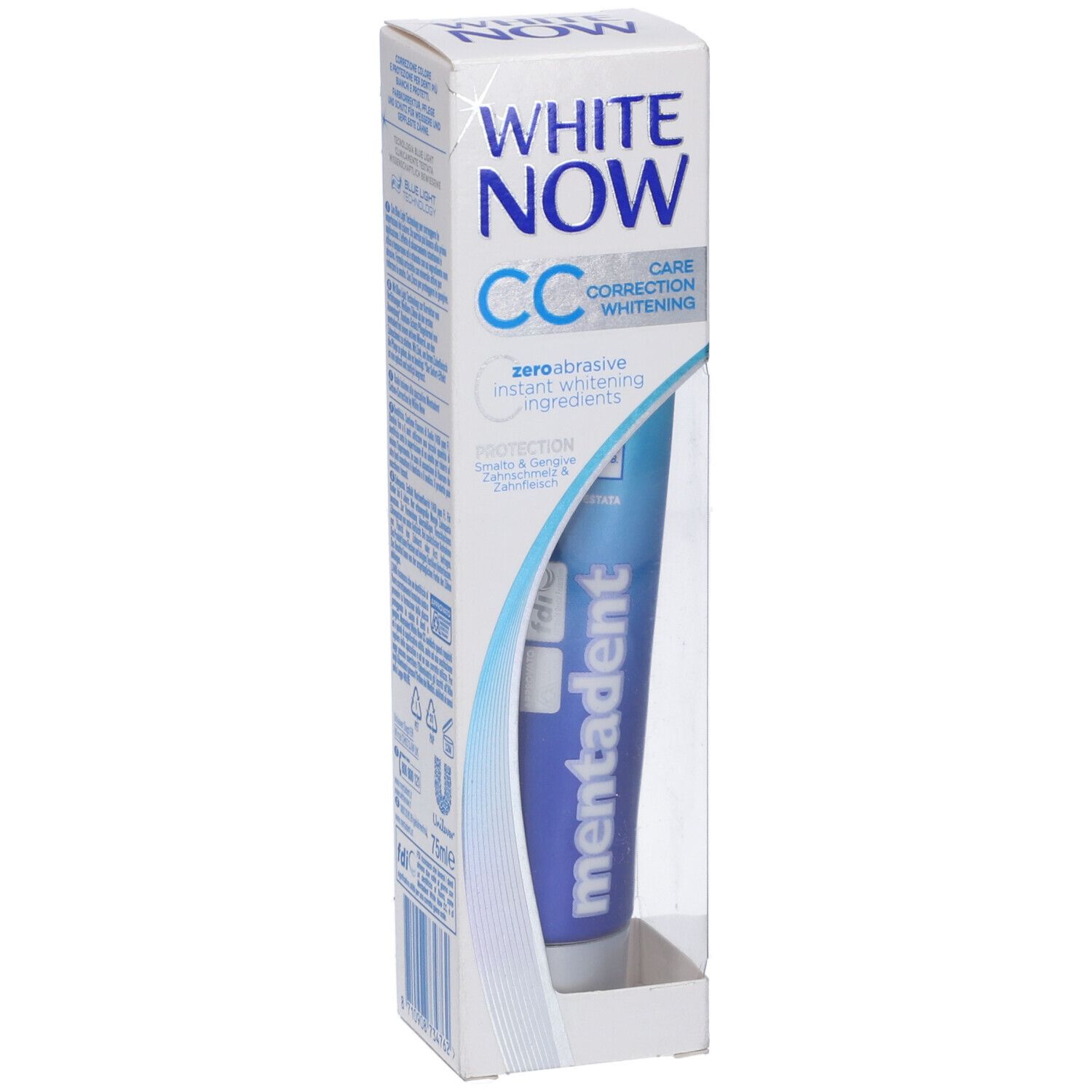 Dentifricio in confezione. Tubo blu con scritte bianche. Marca: Mentadent White Now CC.