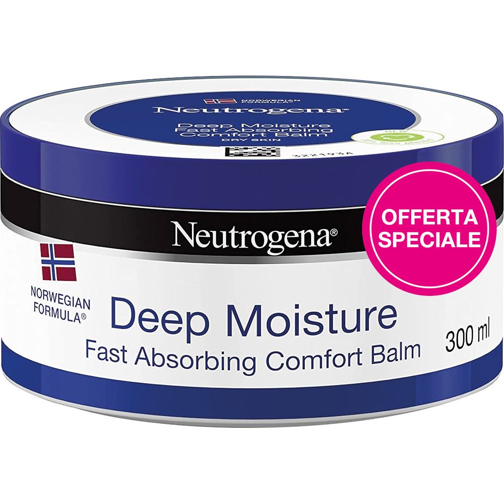 Neutrogena Deep Moisture Balsamo. Vaso bianco e blu. Adesivo rotondo con offerta speciale. Testo: Deep Moisture, Dry Skin.