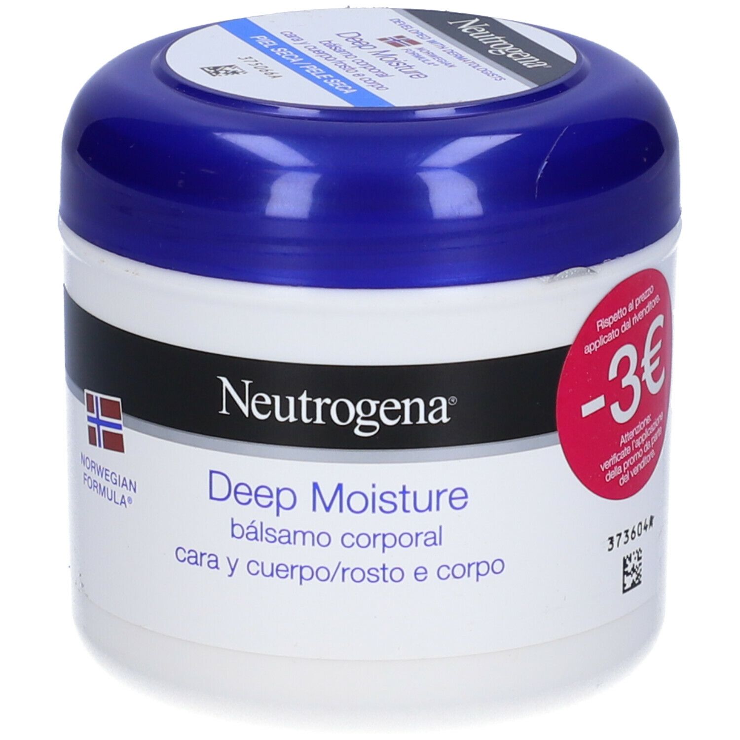 Neutrogena Deep Moisture Balsamo. Vaso bianco e blu. Adesivo rosso con -3€. Testo: Deep Moisture, Balsamo corporal.