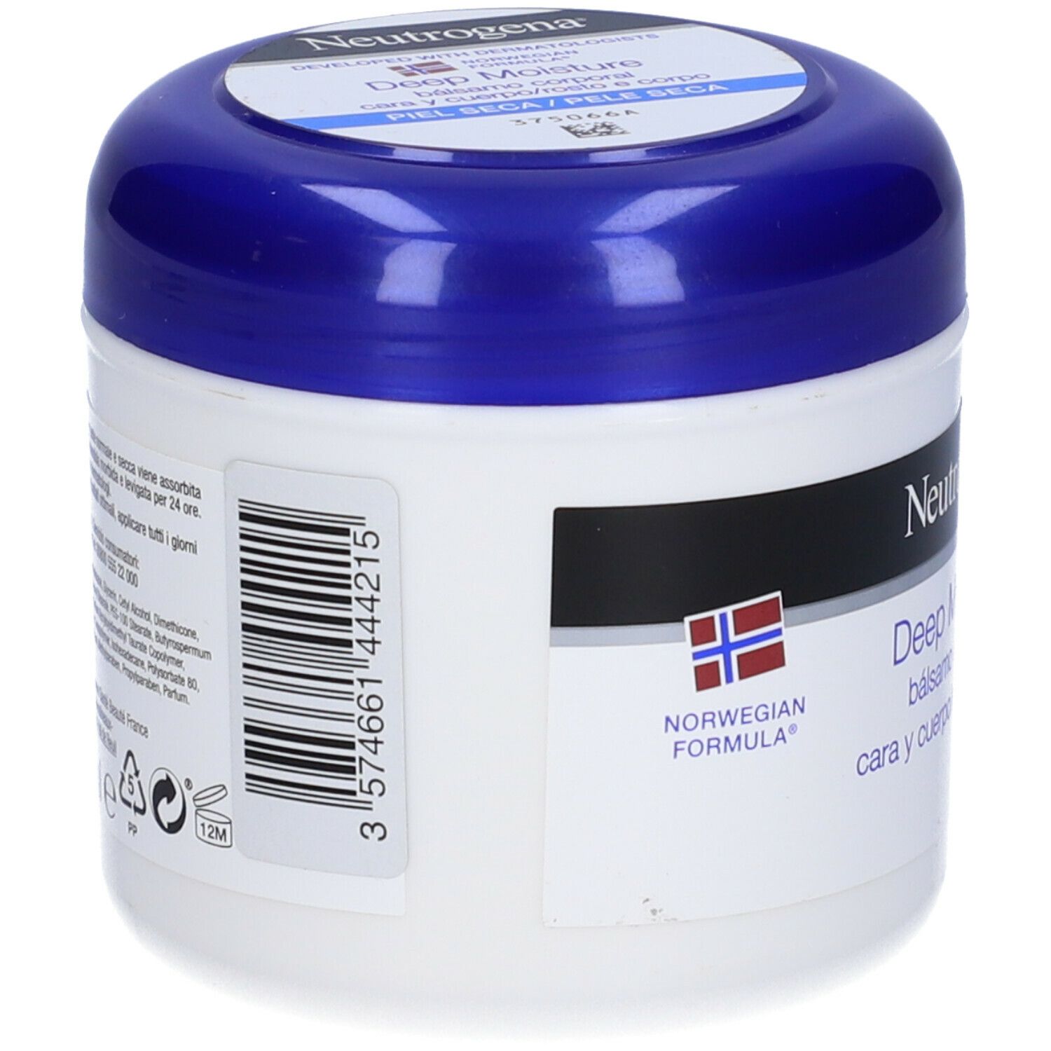 Neutrogena Deep Moisture Balsamo. Vaso bianco e blu. Retro con testo e codice a barre.