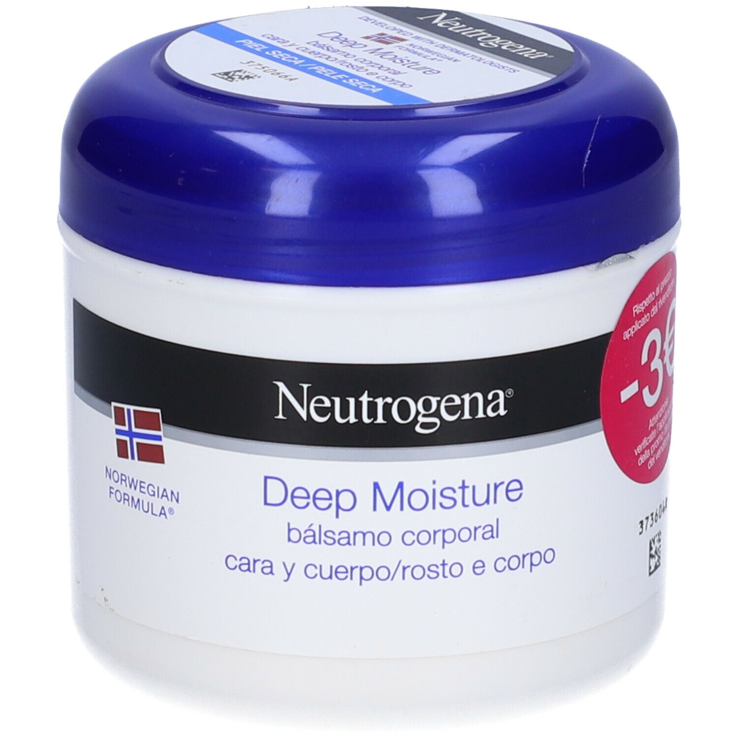 Neutrogena Deep Moisture Balsamo. Vaso bianco e blu. Adesivo rosso con -3€.