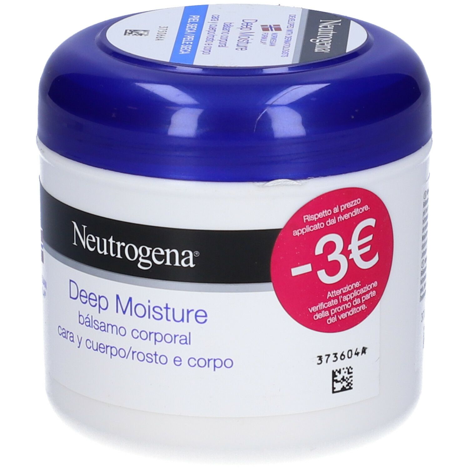 Neutrogena Deep Moisture Balsamo. Vaso bianco e blu. Adesivo rosso con -3€.