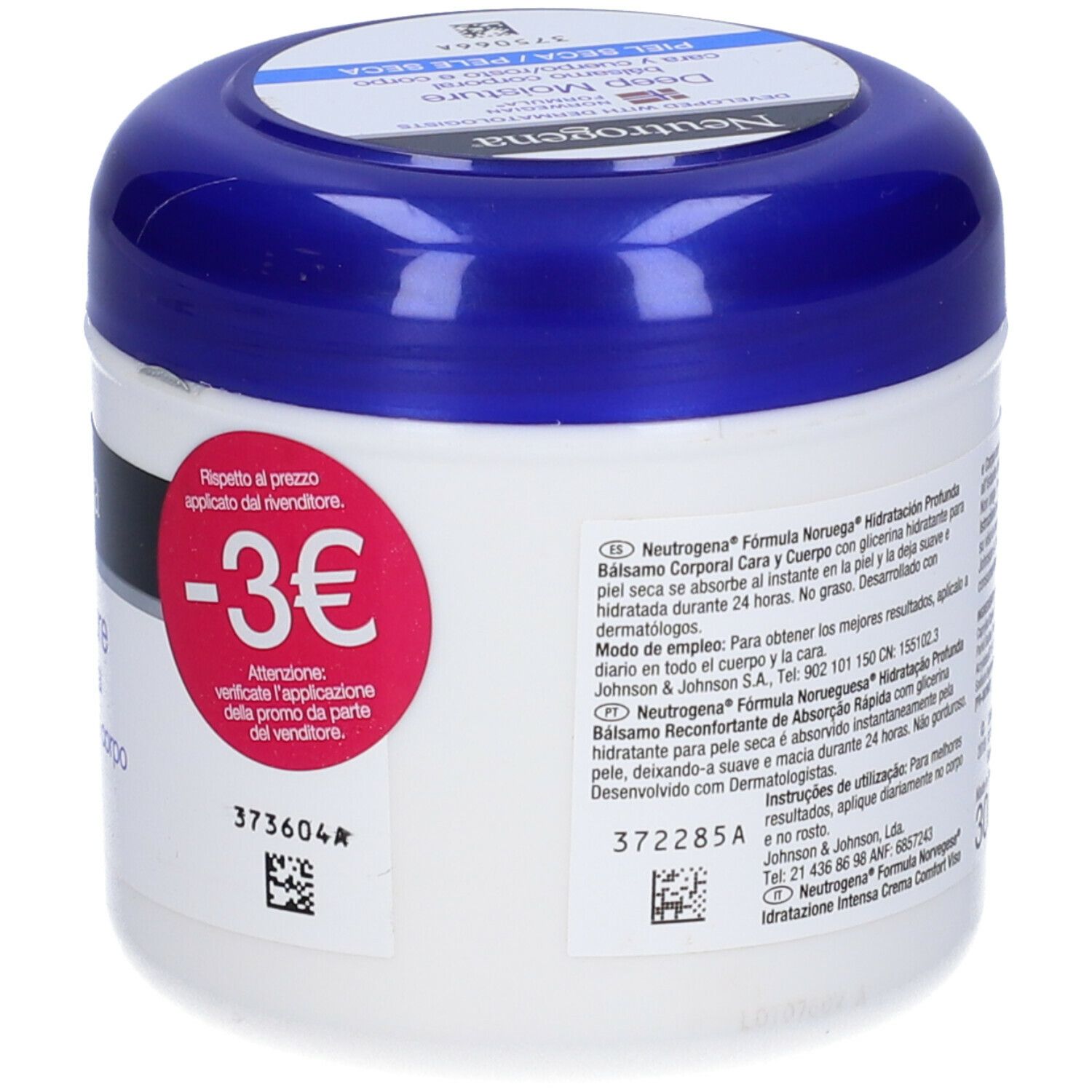 Neutrogena Deep Moisture Balsamo. Vaso bianco e blu. Adesivo rosso con -3€.