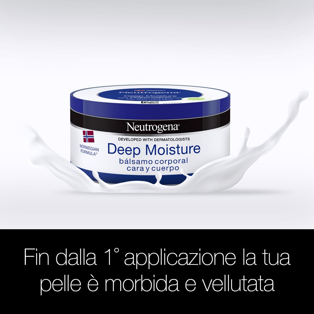 Neutrogena Deep Moisture Balsamo. Vaso bianco e blu. Testo: Deep Moisture. Schizzo di latte sullo sfondo. Testo: Pelle morbida.