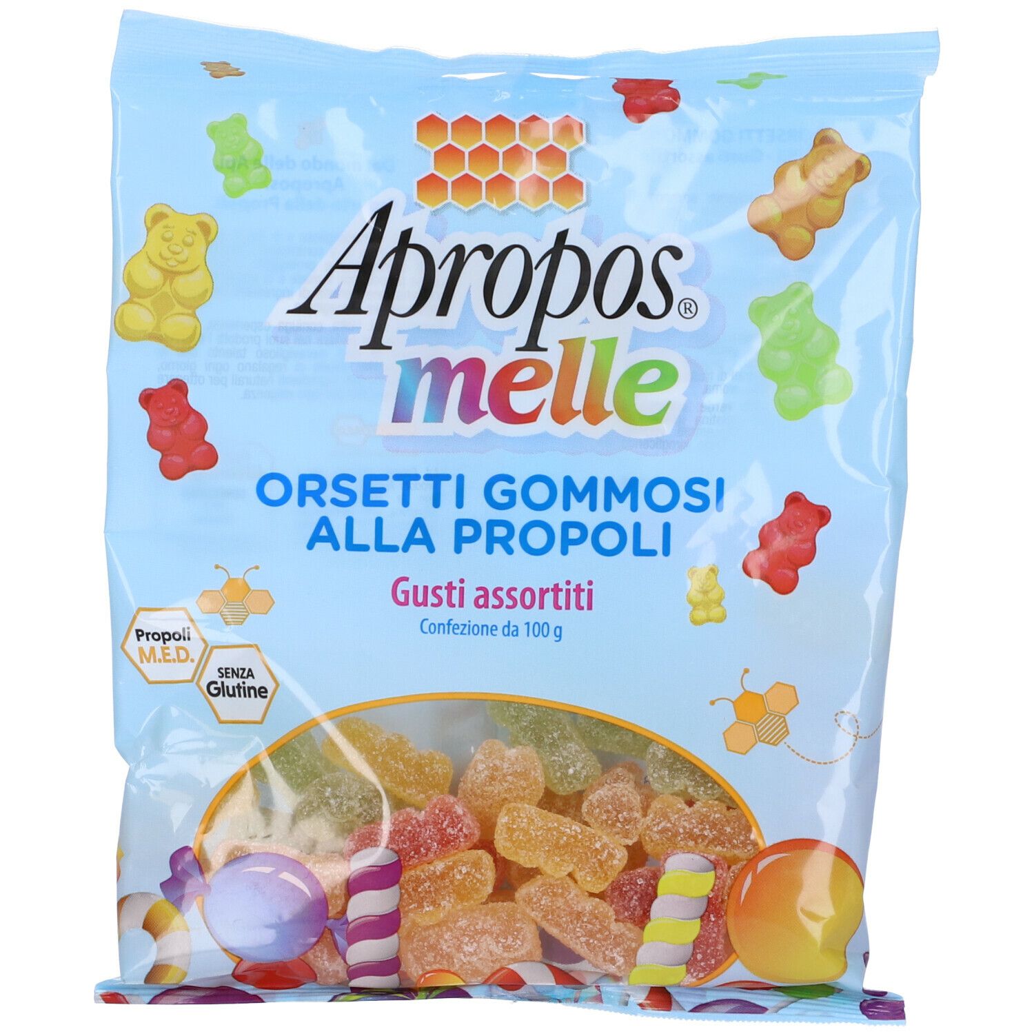 Confezione di orsetti gommosi multicolore. Scritta: Apropos Melle, Orsetti Gommosi Alla Propoli, Gusti assortiti. Senza glutine.
