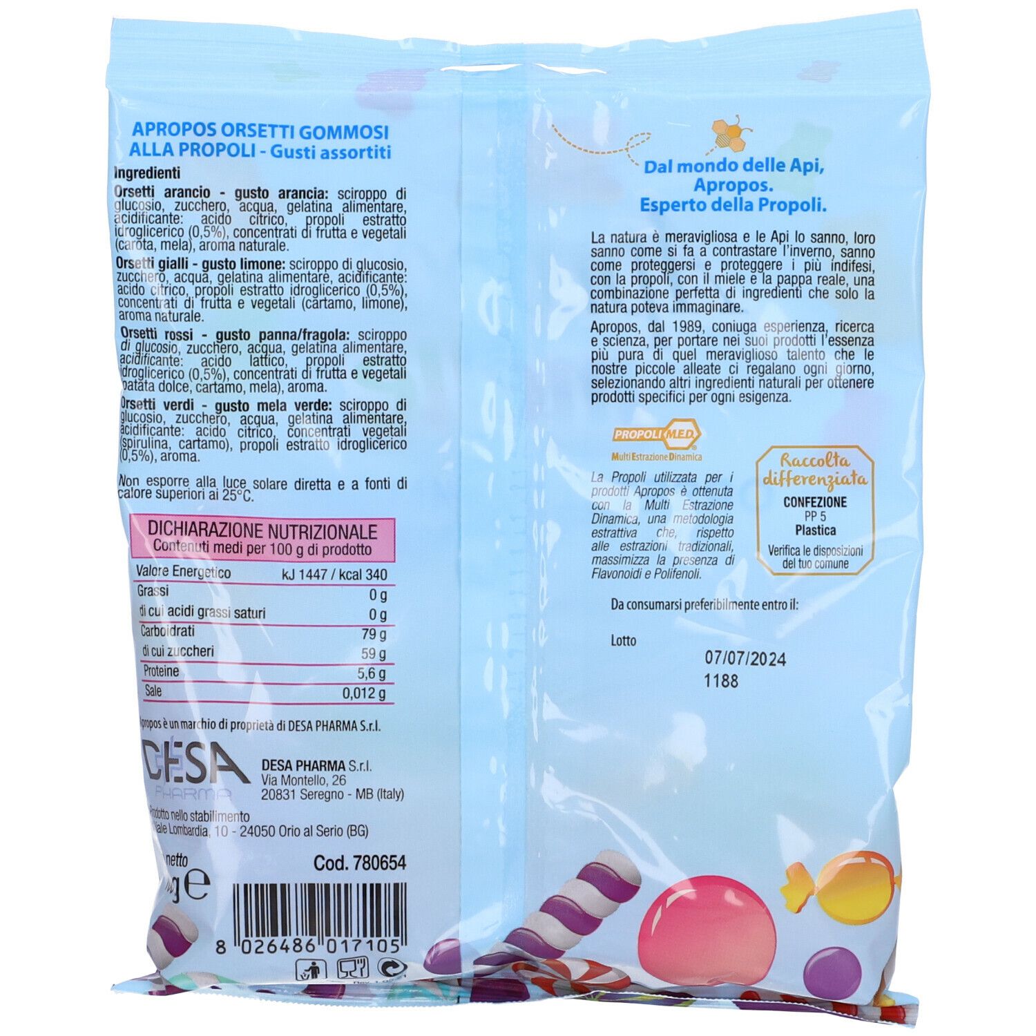 Retro della confezione con elenco ingredienti, informazioni nutrizionali e dati del produttore. Testo: Apropos Orsetti Gommosi Alla Propoli.