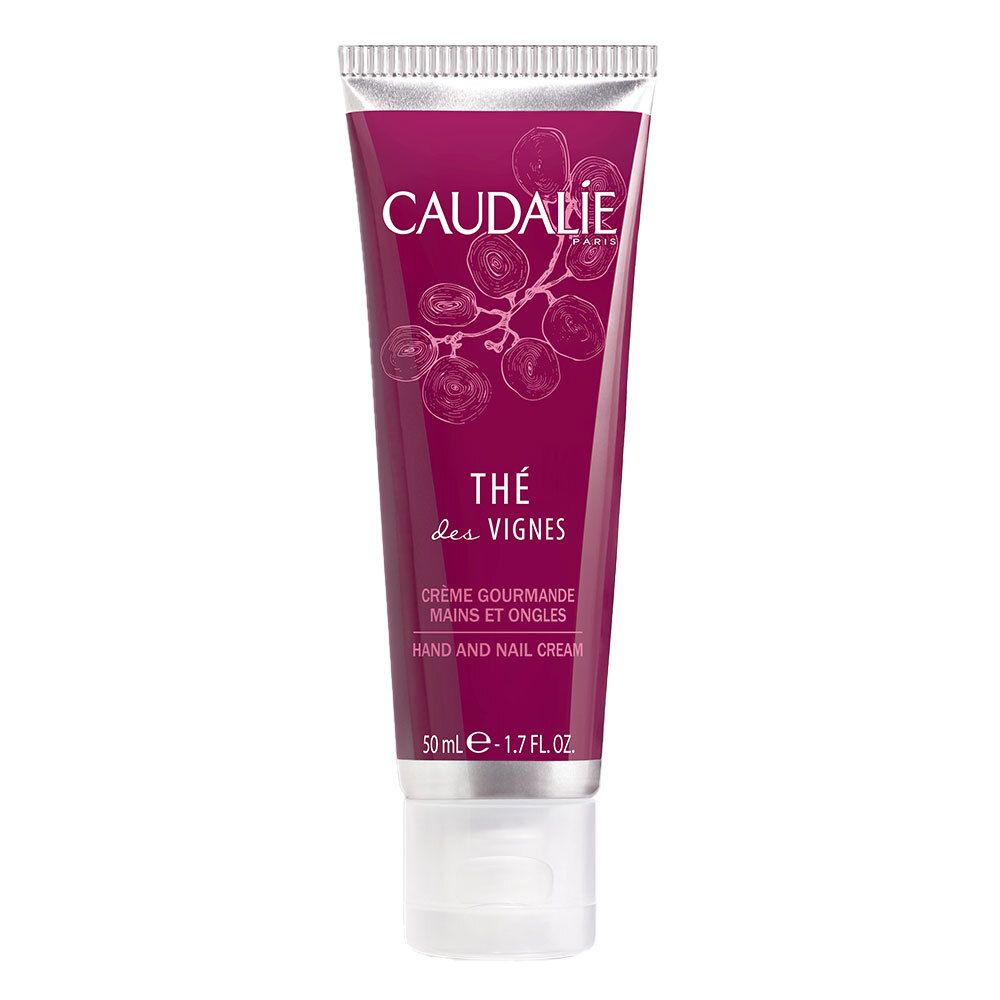 Tubo di crema viola, con scritta CAUDALIE, Thé des Vignes. Crema mani e unghie. 50 ml.