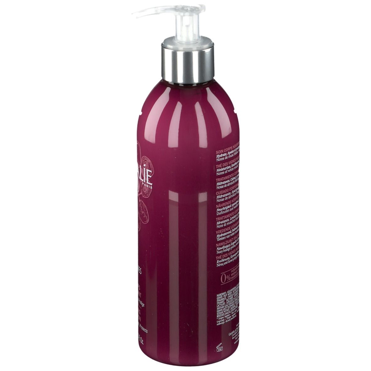 Flacone bordeaux con dosatore. Retro con testo. Scritta CAUDALIE, Thé des Vignes, Soin Corps Nourrissant.