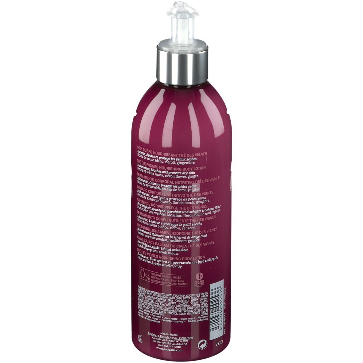 Flacone bordeaux con dosatore. Retro con testo. Scritta CAUDALIE, Thé des Vignes, Soin Corps Nourrissant.