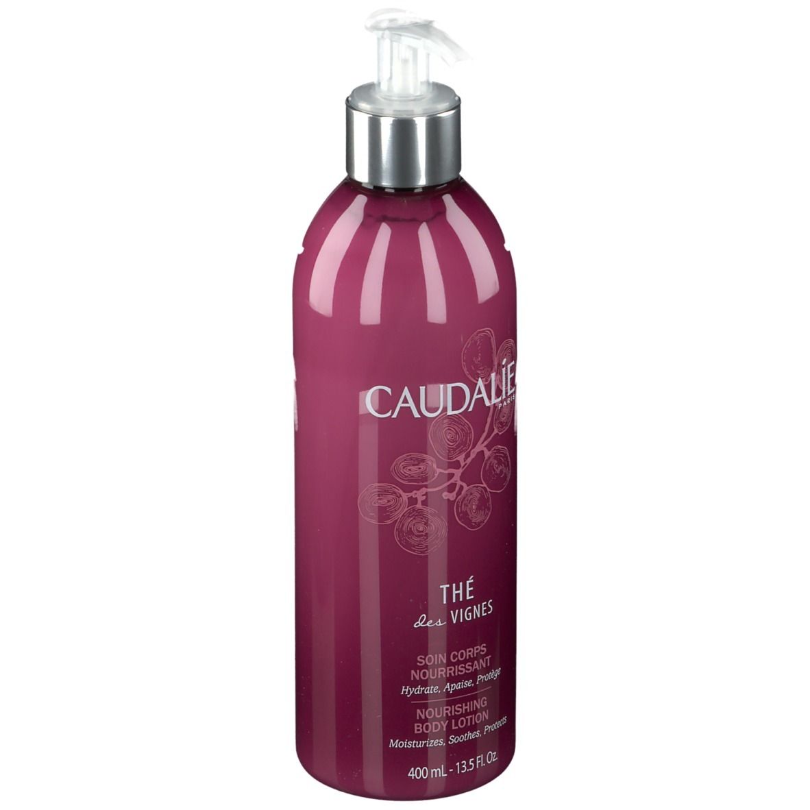 Flacone bordeaux con dosatore. Scritta CAUDALIE, Thé des Vignes, Soin Corps Nourrissant. Design con uva.