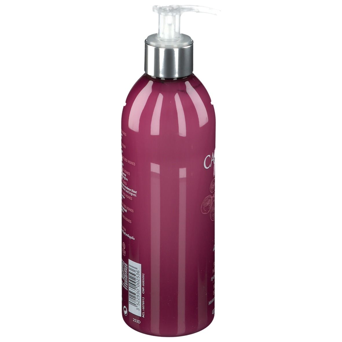 Flacone bordeaux con dosatore. Retro con testo. Scritta CAUDALIE, Thé des Vignes, Soin Corps Nourrissant.