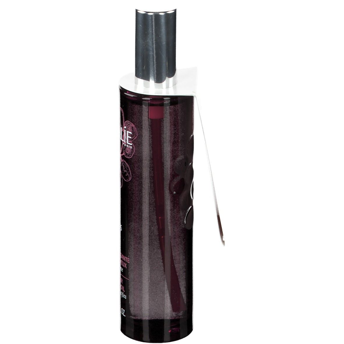 Flacone viola scuro con vaporizzatore argentato. Scritta CAUDALIE, Thé des Vignes. Testo: Huile Nourrissante Corps & Cheveux.