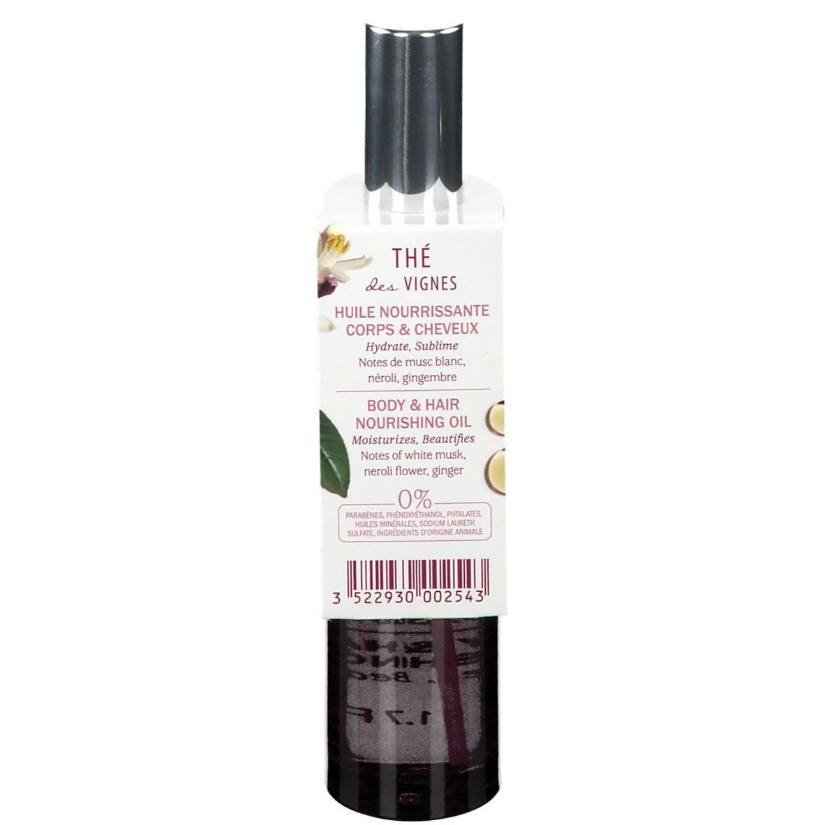 Flacone del prodotto con etichetta. Scritta CAUDALIE, Thé des Vignes. Testo: Huile Nourrissante Corps & Cheveux. Ingredienti.