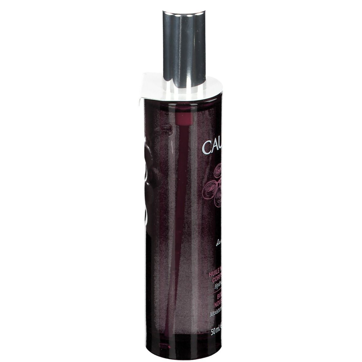 Flacone viola scuro con vaporizzatore argentato. Scritta CAUDALIE, Thé des Vignes. Testo: Huile Nourrissante Corps & Cheveux.