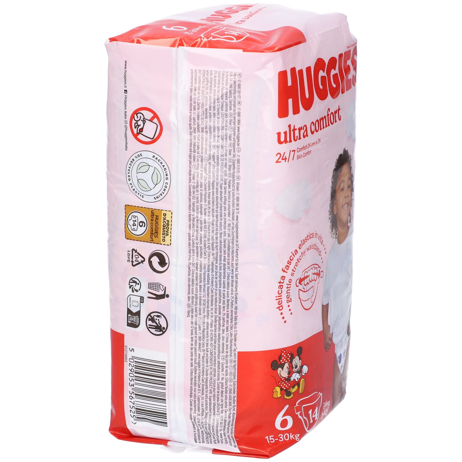 Confezione pannolini Huggies Ultra Comfort taglia 6, con informazioni e simboli. 15-30 kg.