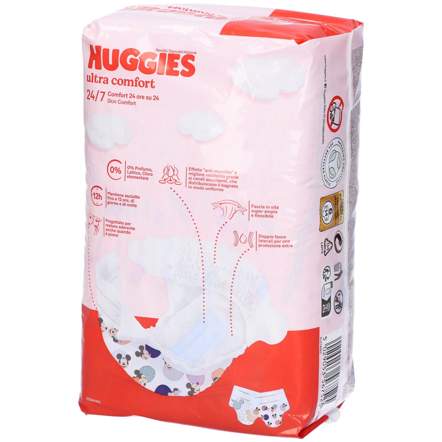 Retro della confezione di pannolini Huggies Ultra Comfort, con informazioni e simboli.