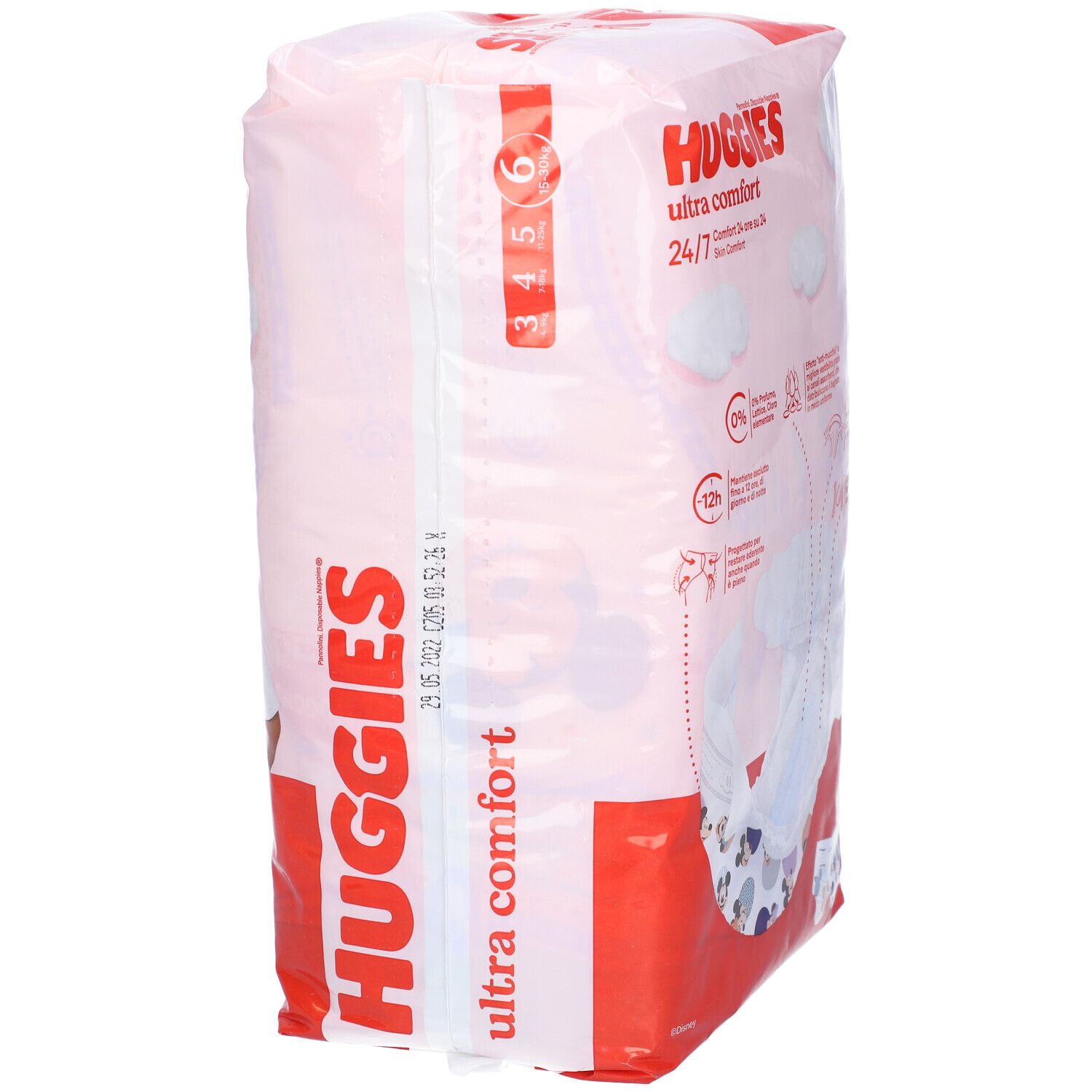 Packung Huggies Ultra Comfort Windeln, Größe 6, mit Aufdrucken und Größenangaben.