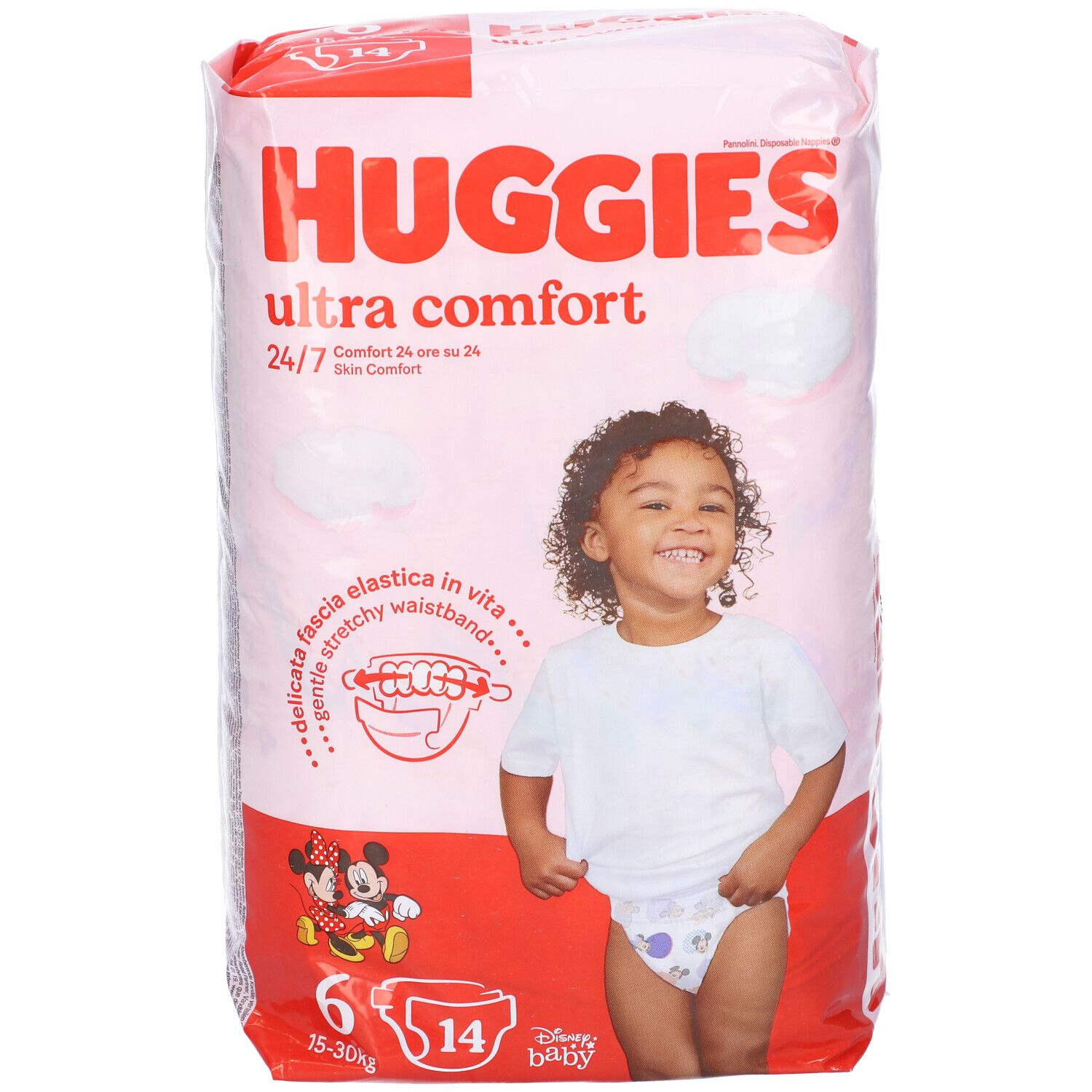 Confezione pannolini Huggies Ultra Comfort taglia 6, con bambino e Mickey Mouse. 14 pezzi.