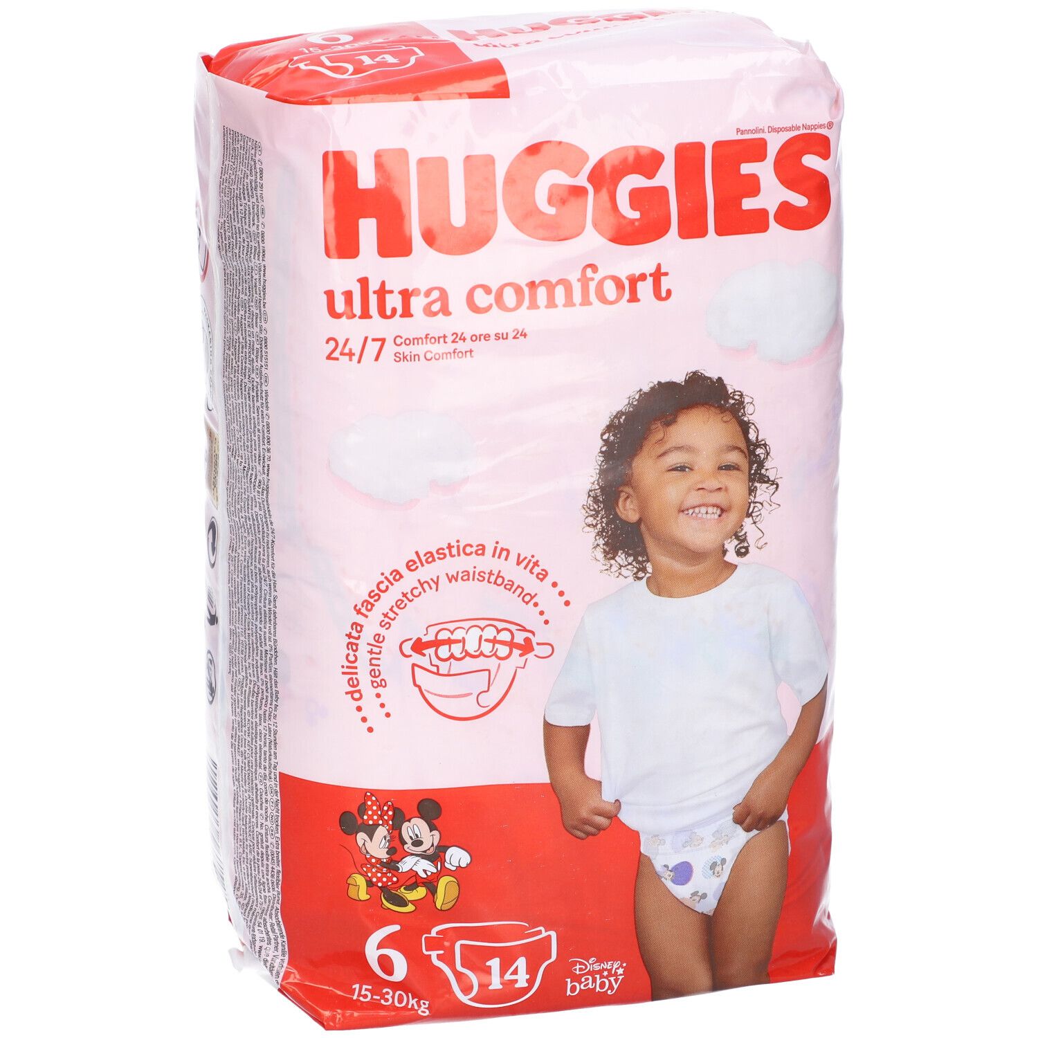 Confezione pannolini Huggies Ultra Comfort taglia 6, con bambino e Mickey Mouse. 14 pezzi.
