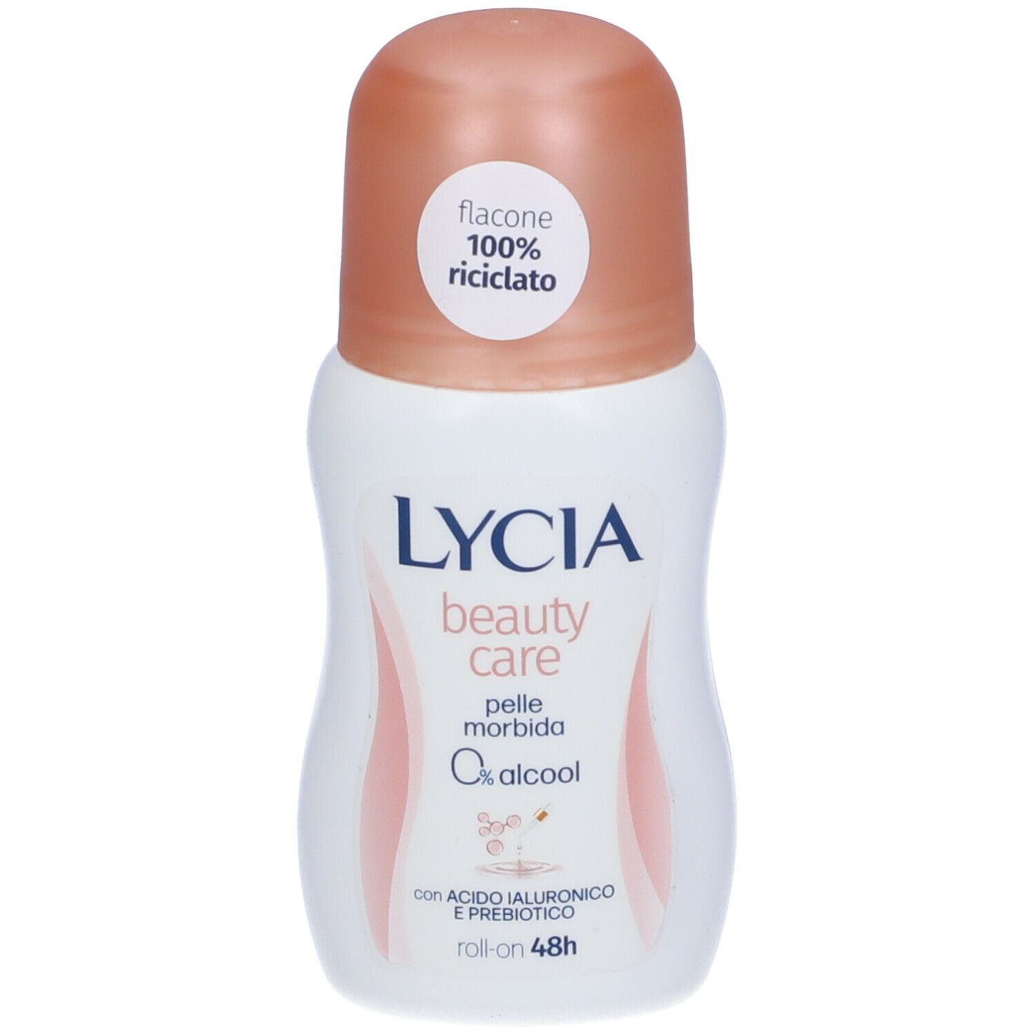 Roll-on bianco con tappo rosa. Scritte: LYCIA, beauty care, pelle morbida, 0% alcool. Con acido ialuronico e prebiotici.