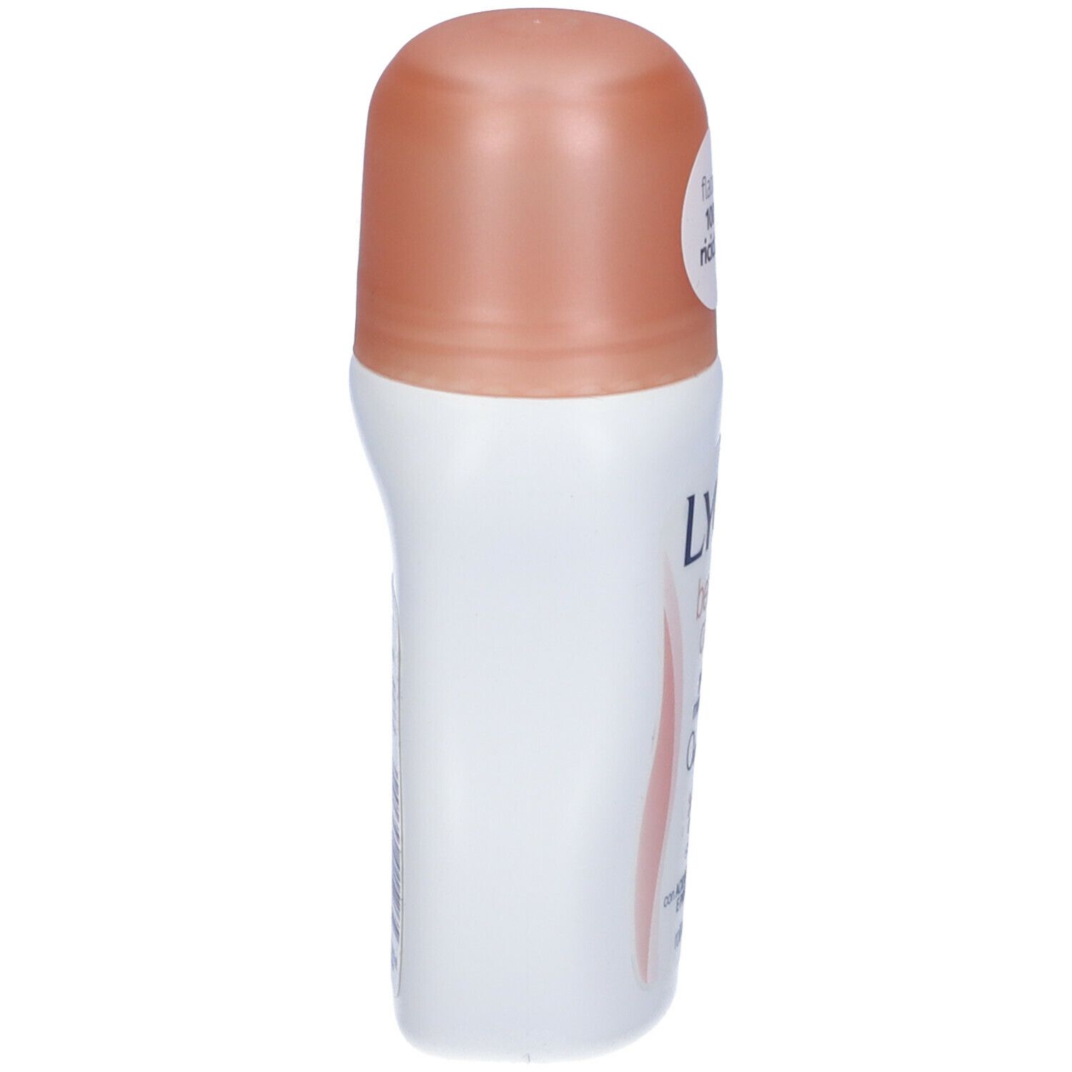 Flacone roll-on bianco con tappo rosa. Scritte: LYCIA, beauty care, pelle morbida, 0% alcool. Con acido ialuronico e prebiotici.