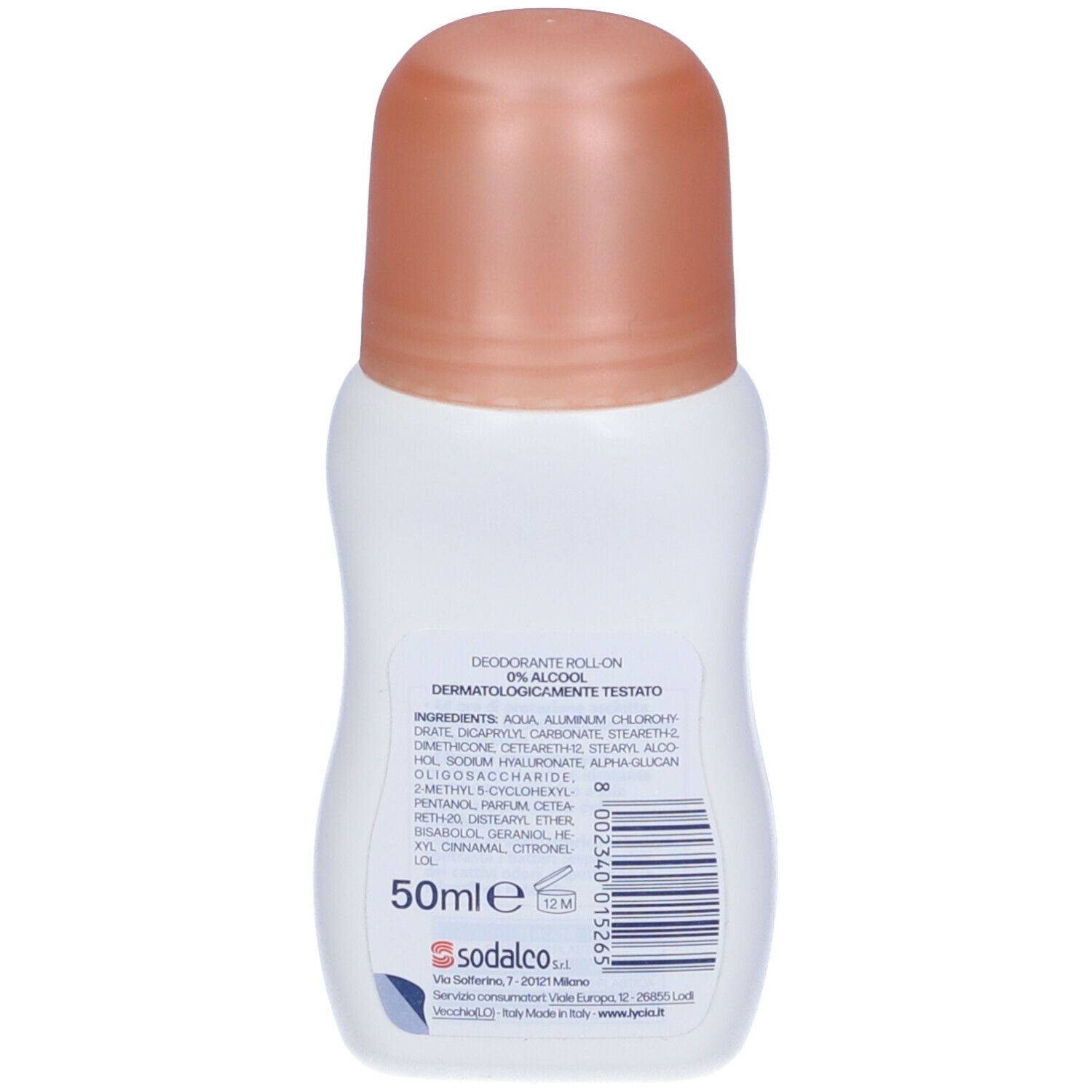 Retro di un roll-on bianco con tappo rosa. Scritte: ingredienti, 50ml, dermatologicamente testato. Marchio: Sodalco.