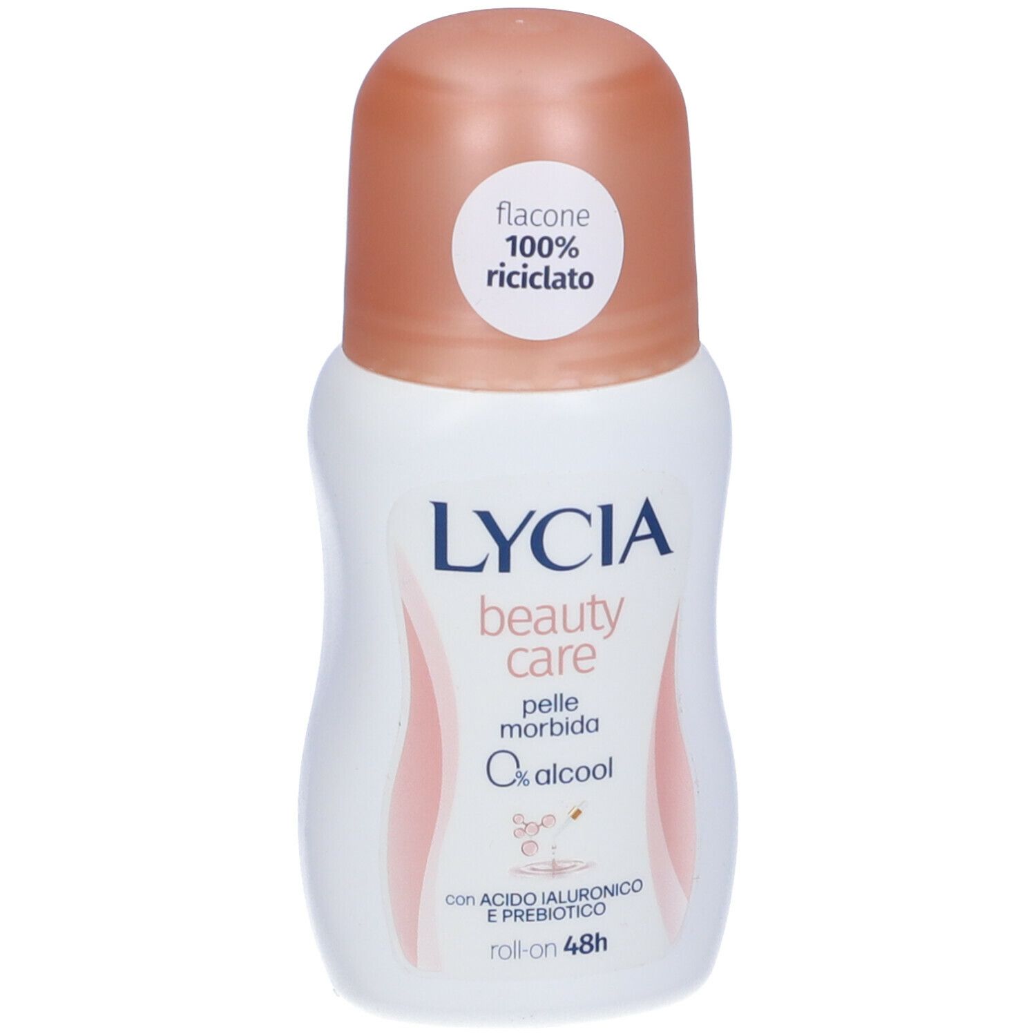 Roll-on bianco con tappo rosa. Scritte: LYCIA, beauty care, pelle morbida, 0% alcool. Con acido ialuronico e prebiotici.