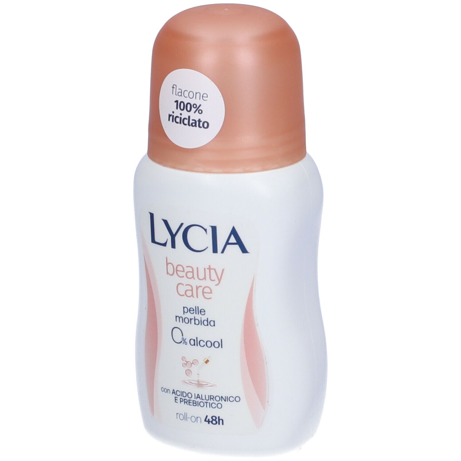 Roll-on bianco con tappo rosa. Scritte: LYCIA, beauty care, pelle morbida, 0% alcool. Con acido ialuronico e prebiotici.