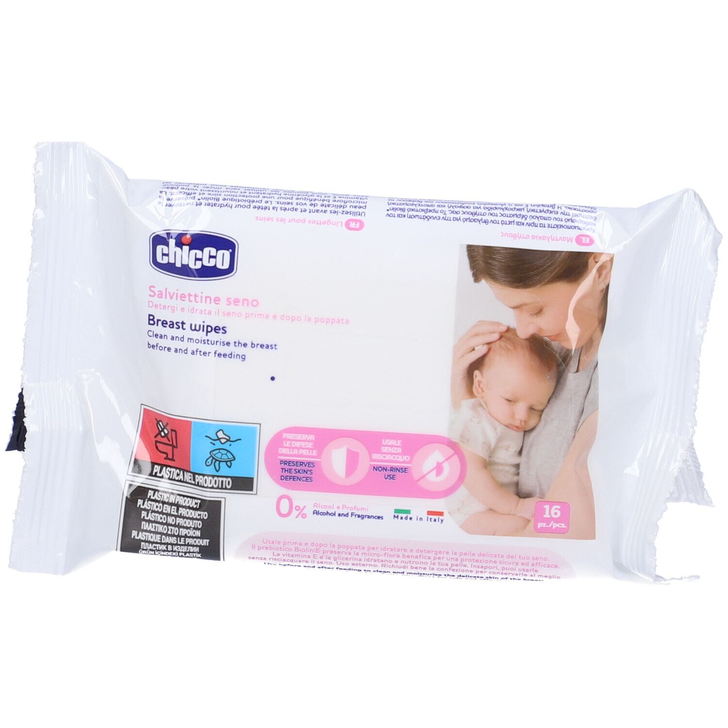 Confezione di salviettine per il seno. Marca Chicco. 16 pezzi. 0% alcool e profumo. Per prima e dopo l'allattamento.