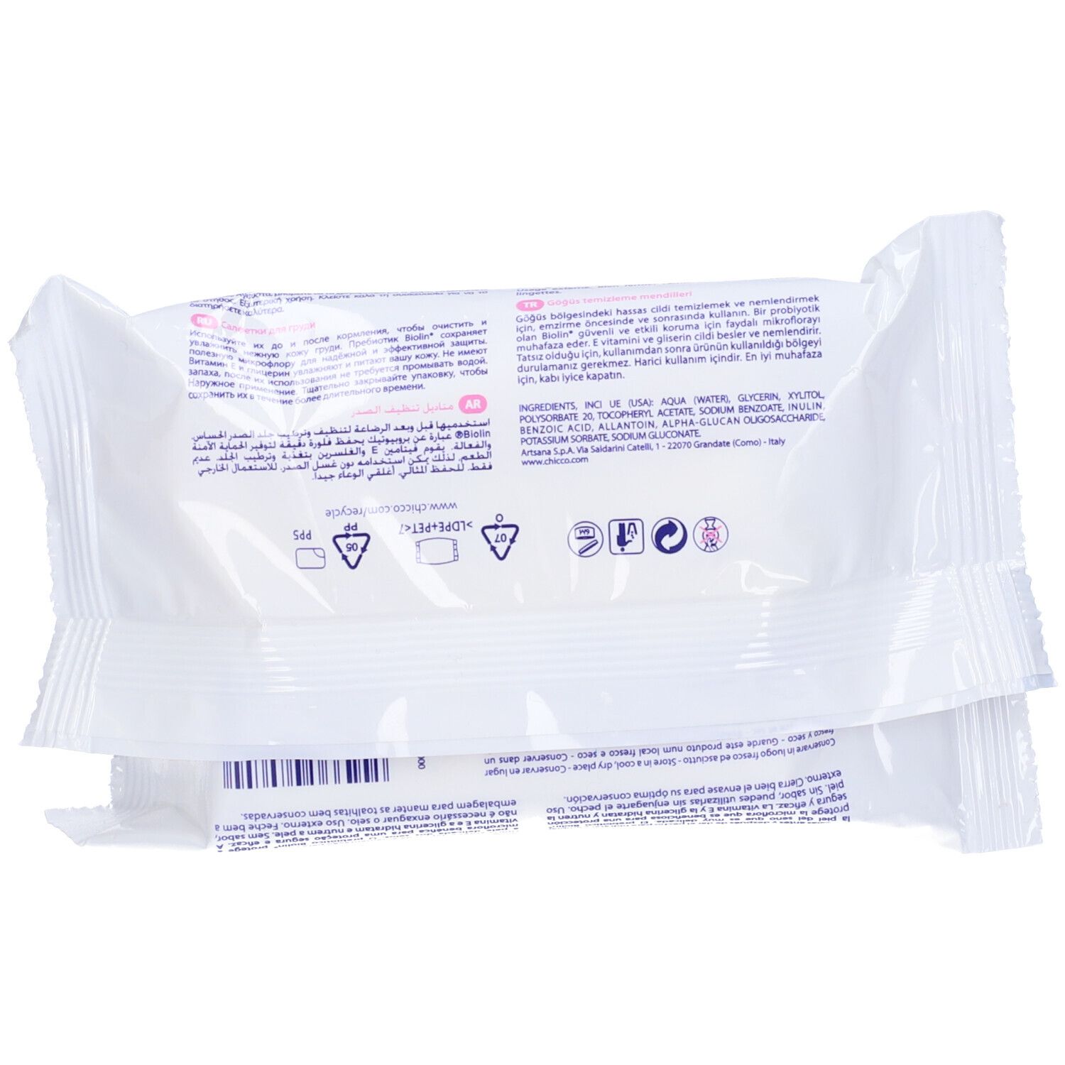 Due confezioni di salviettine per il seno. Retro con testo e simboli. Ingredienti e istruzioni per il riciclo.