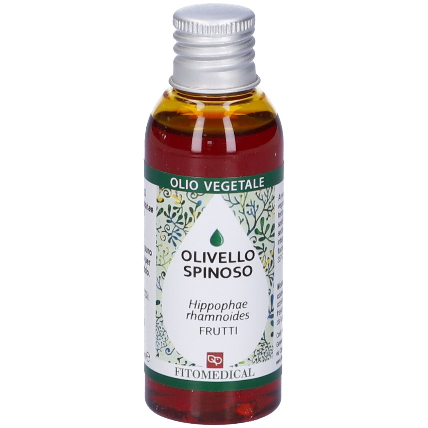Flacone di Olio Vegetale, etichetta con nome prodotto e logo. Tappo argentato.