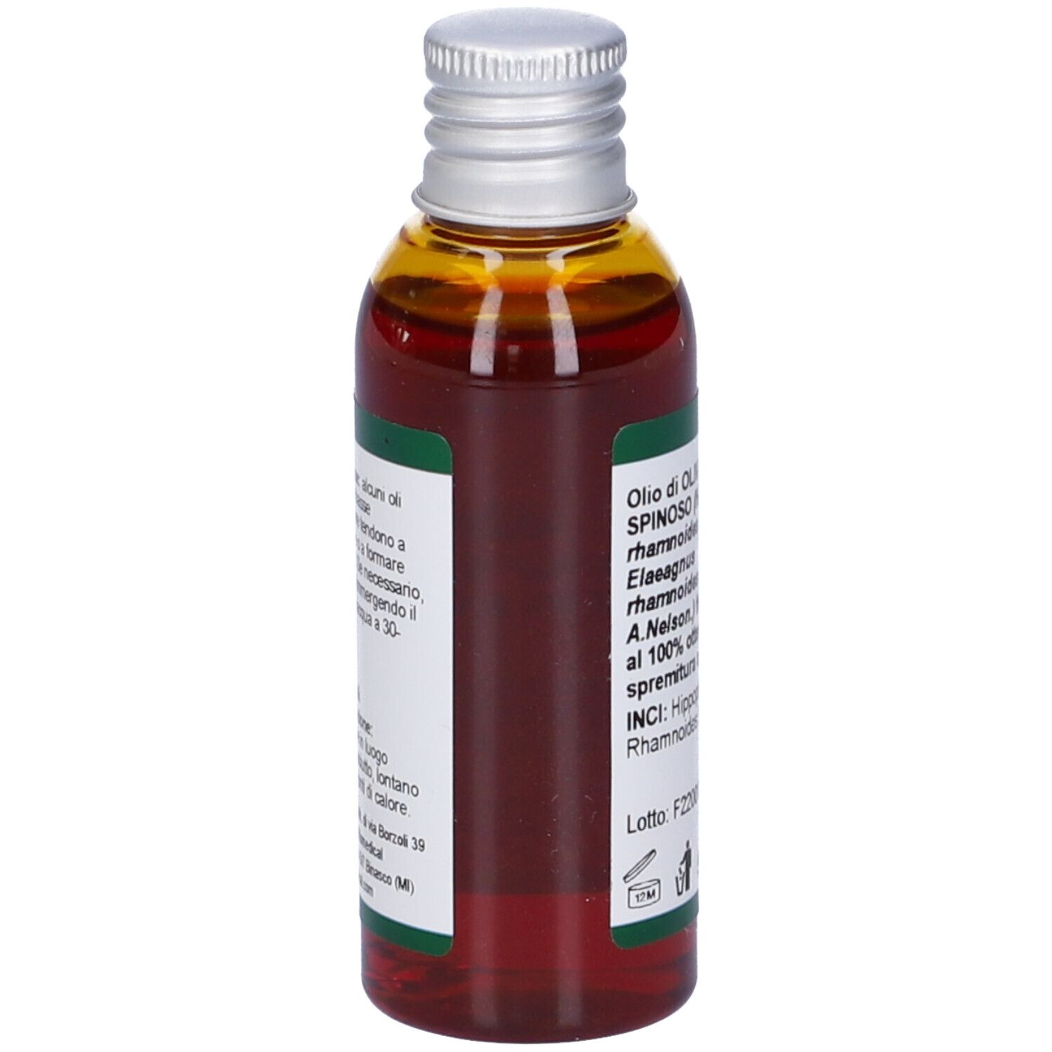 Flacone Olio Vegetale con etichetta. Nome prodotto, ingredienti e informazioni produttore.