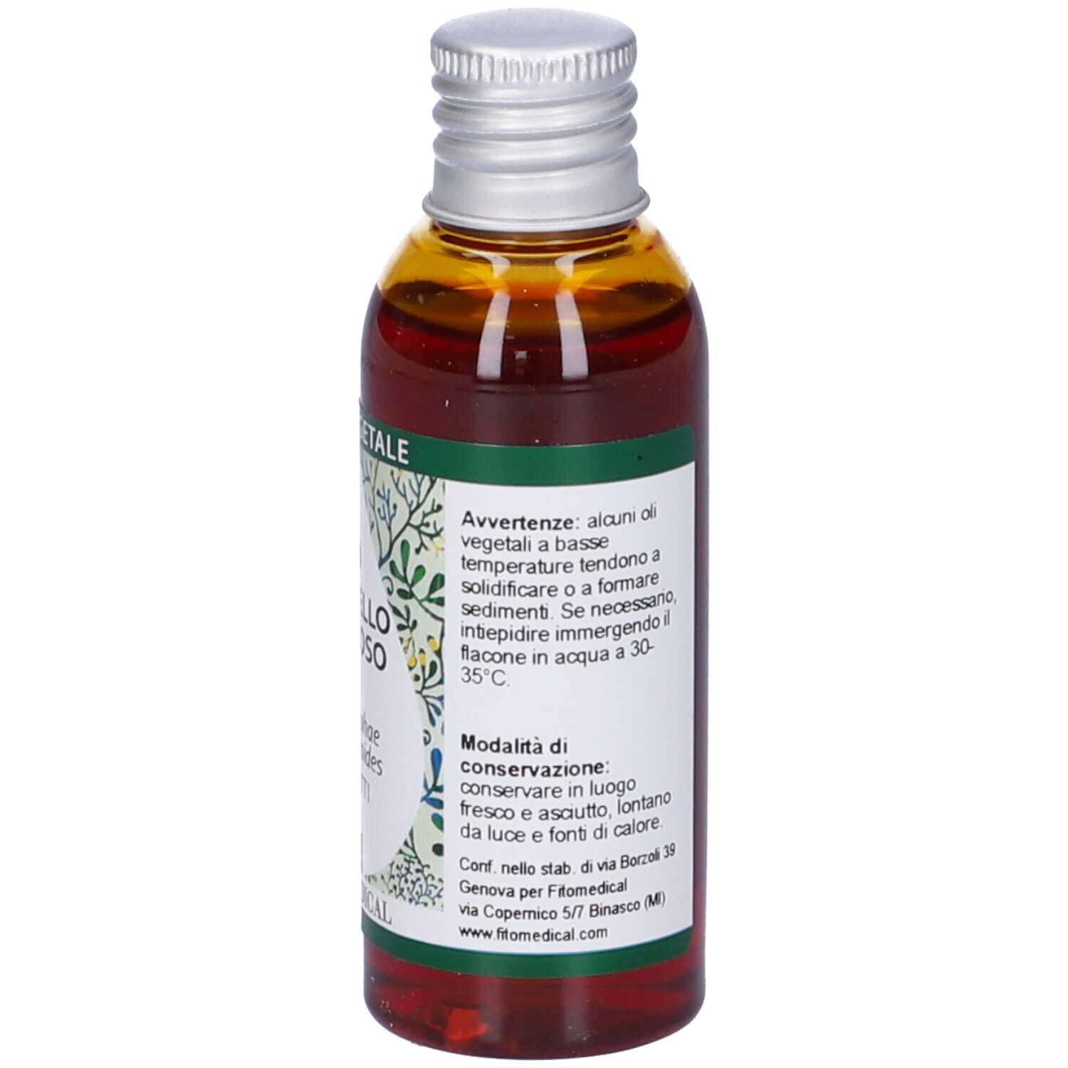 Flacone Olio Vegetale con etichetta. Nome prodotto, ingredienti e informazioni produttore.