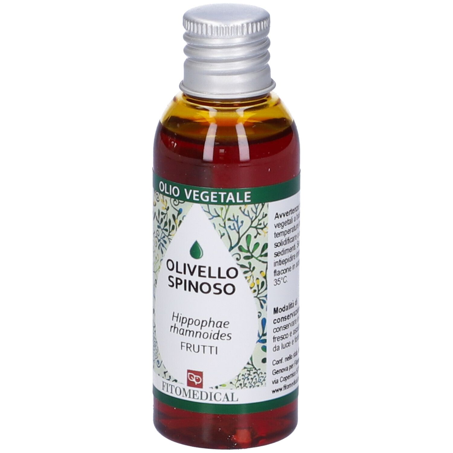 Flacone Olio Vegetale con etichetta. Nome prodotto, ingredienti e informazioni produttore.
