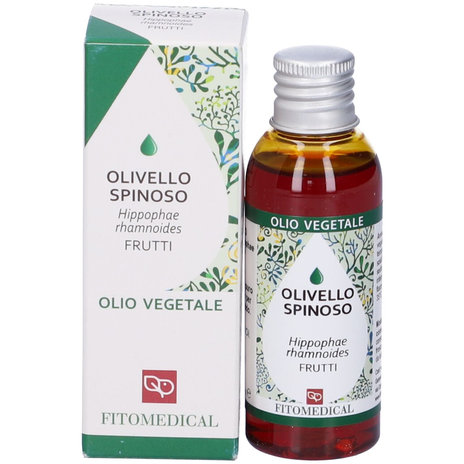 Flacone Olio Vegetale e scatola. Nome prodotto e logo su entrambi.