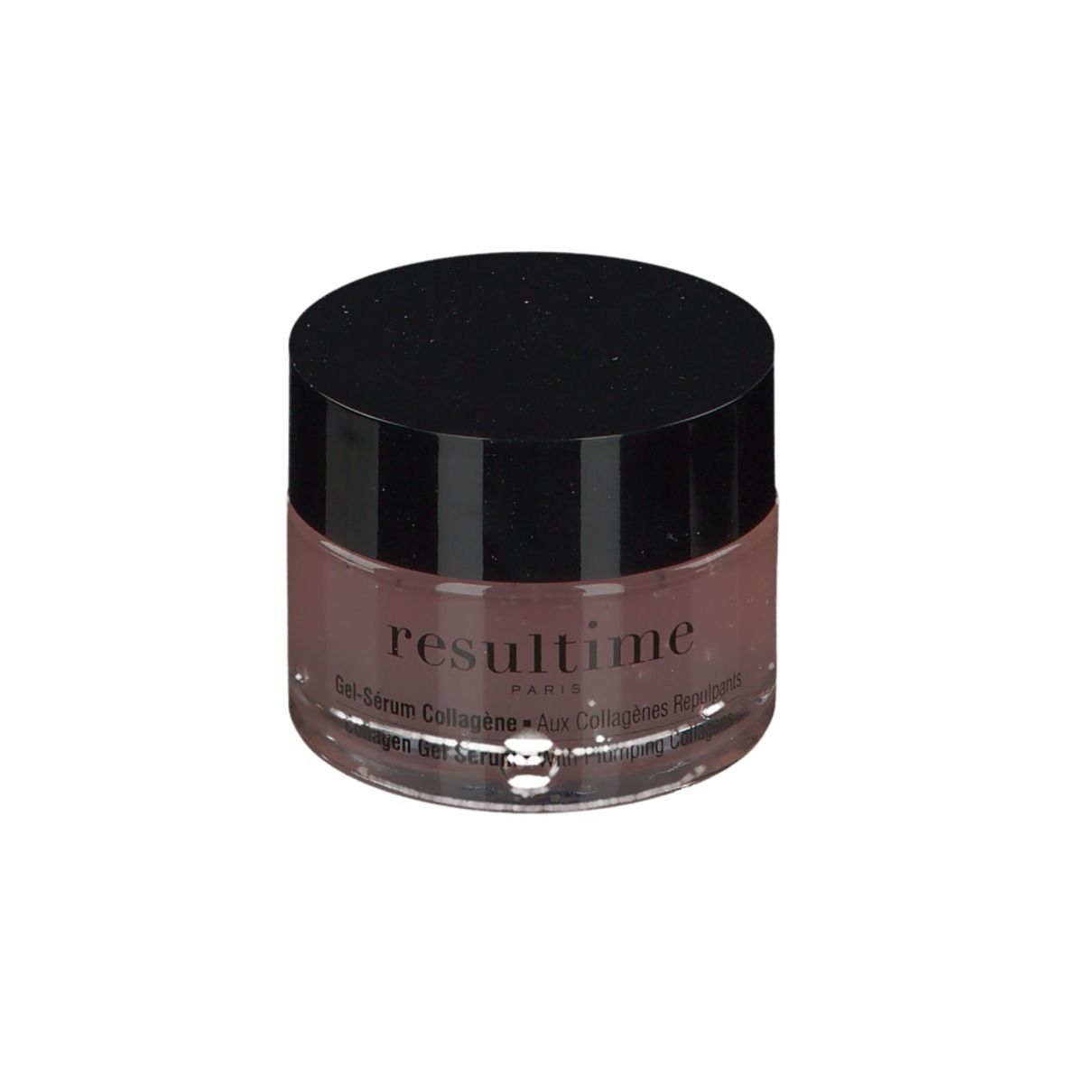Pot rond en verre avec couvercle noir. Inscription: resultime. Contenu brun-rose.