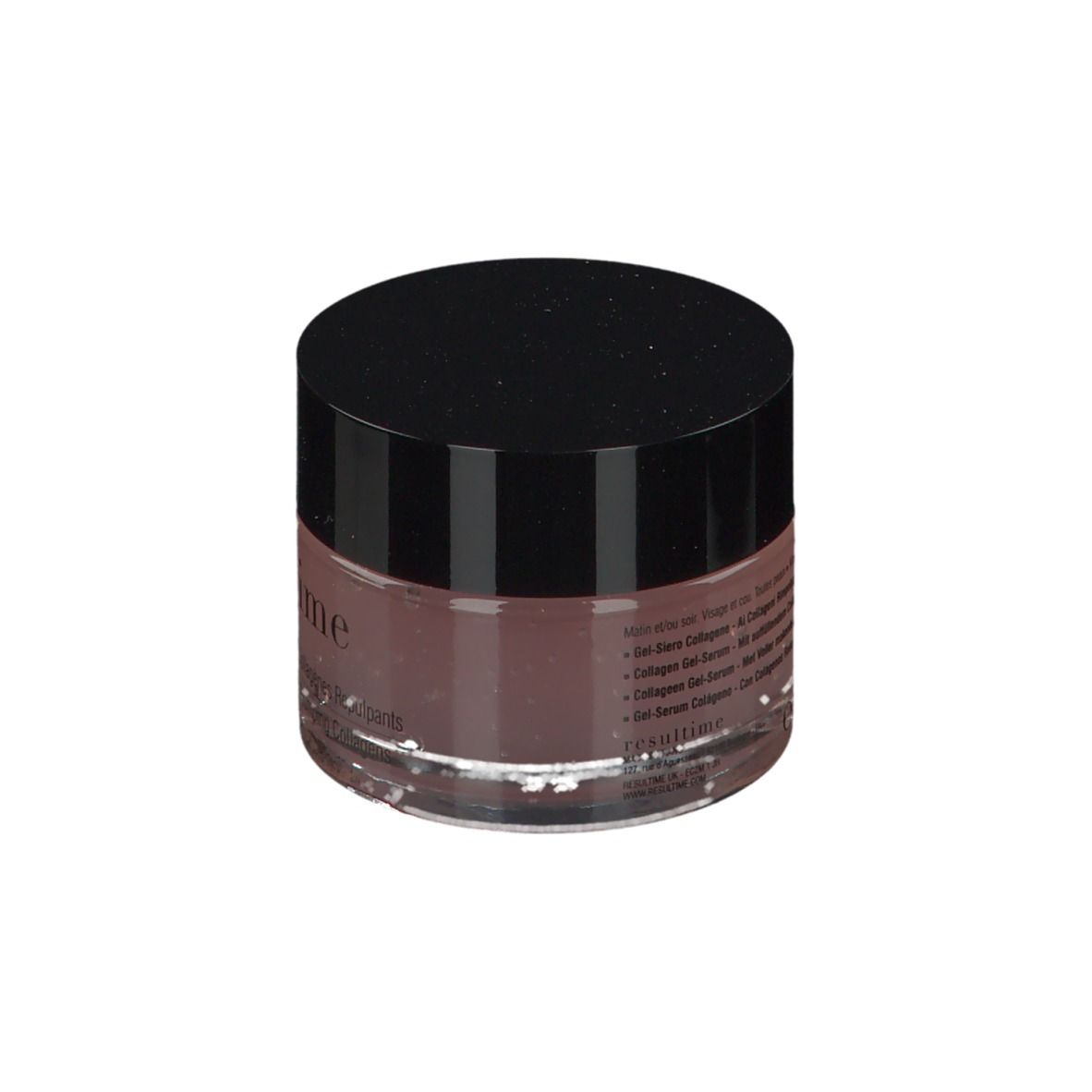 Pot rond en verre avec couvercle noir. Inscription: resultime. Contenu brun-rose. Texte sur le côté.