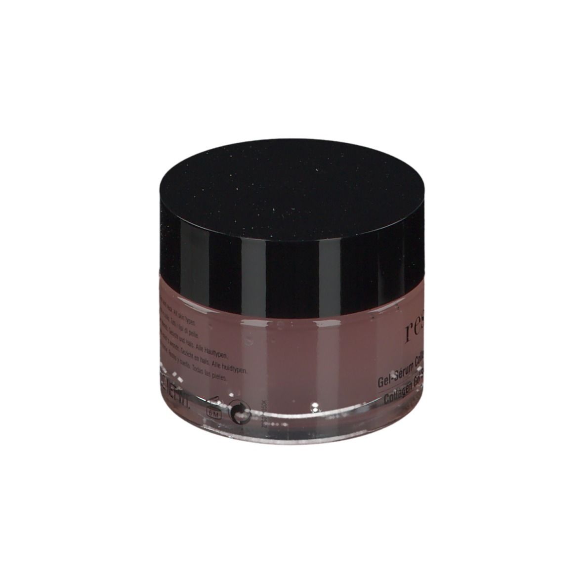 Pot rond en verre avec couvercle noir. Inscription: resultime. Contenu brun-rose. Texte sur le côté.