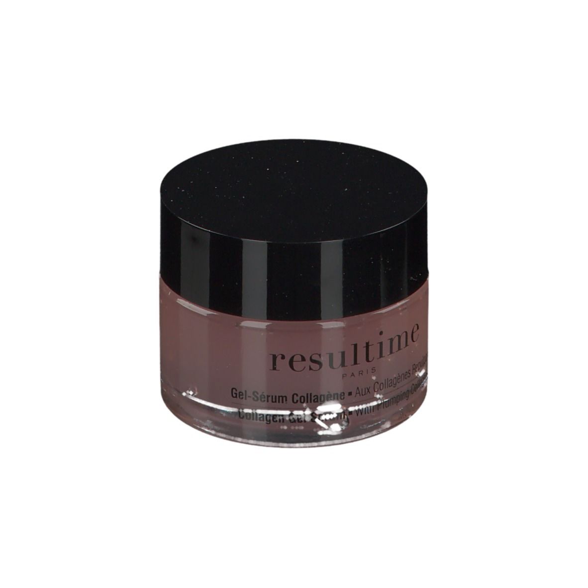 Pot rond en verre avec couvercle noir. Inscription: resultime. Contenu brun-rose. Texte sur le côté.