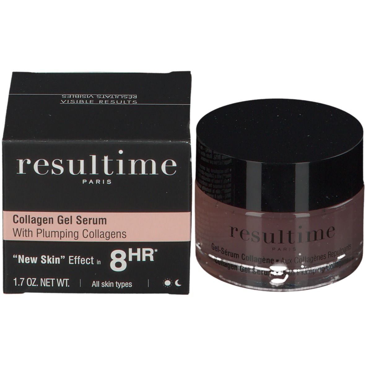 Emballage et contenant du produit. Boîte noire, inscription: resultime, Collagen Gel Serum. Contenant avec couvercle noir.