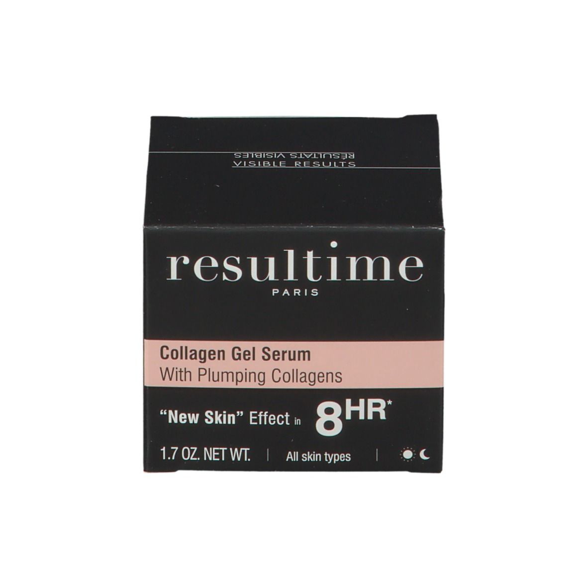 Emballage du produit noir. Inscription: resultime, Collagen Gel Serum. Texte et logo.