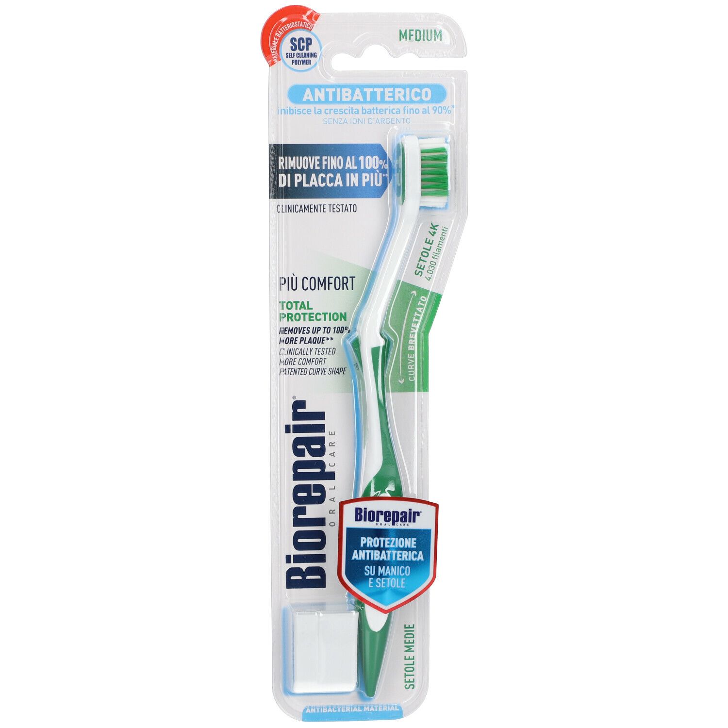 Spazzolino con manico verde e bianco. Confezione con informazioni sul prodotto e marchio Biorepair.